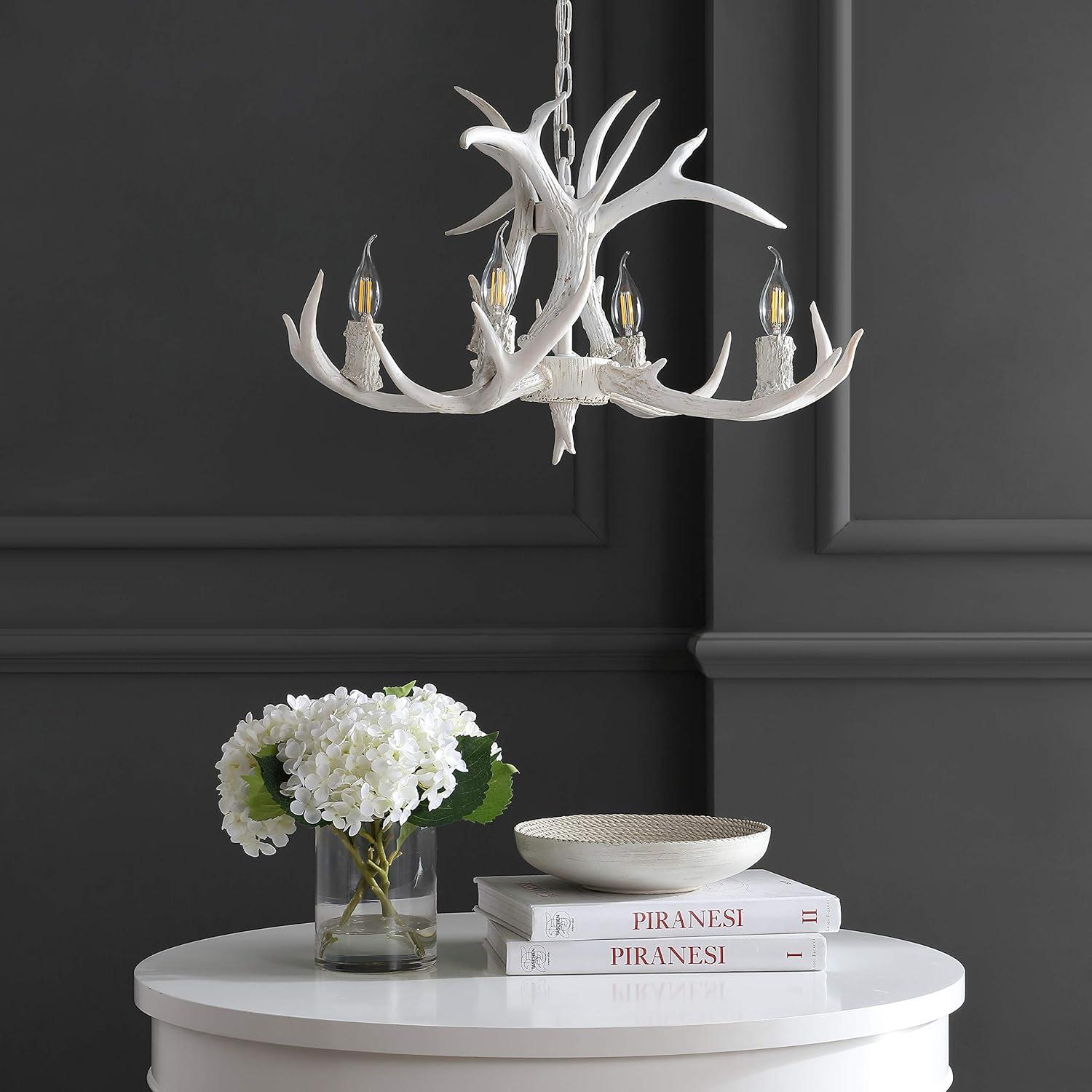 JONATHAN Y JYL6301B Eldora 26" Adjustable Resin Antler 4-Light LED Chandelier, Farmhouse, Glam, Transitional, Rustic, Cottage for living room, dinning room, bedroom, office Bulb Included, White