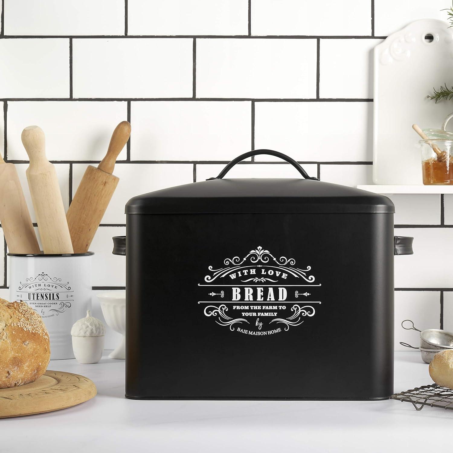 Extra Large Black Metal Bread Box with Handles