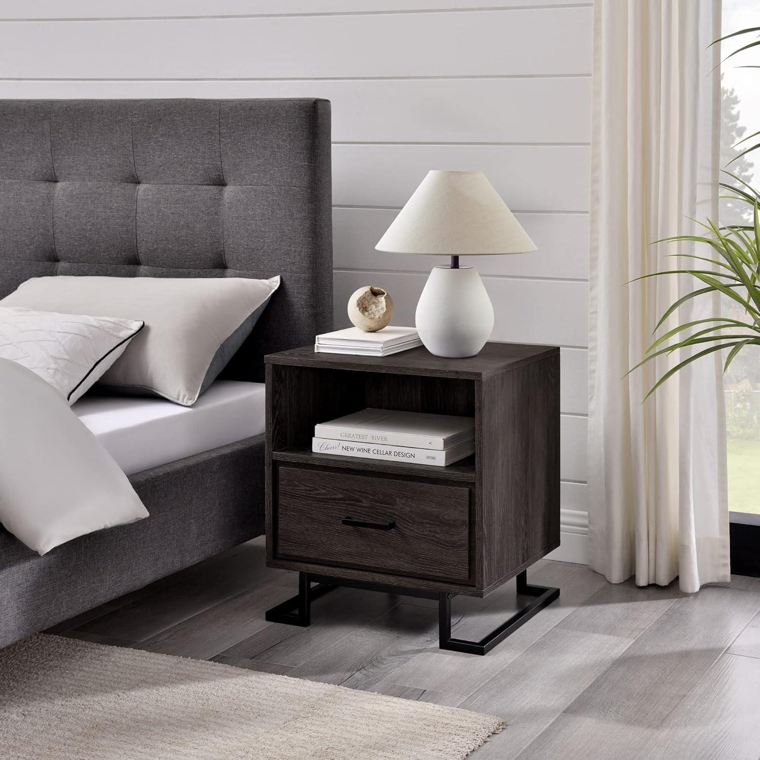 Miekor Furniture Contemporary Metal and Wood 1-Drawer Nightstand – Charcoal B5A6818