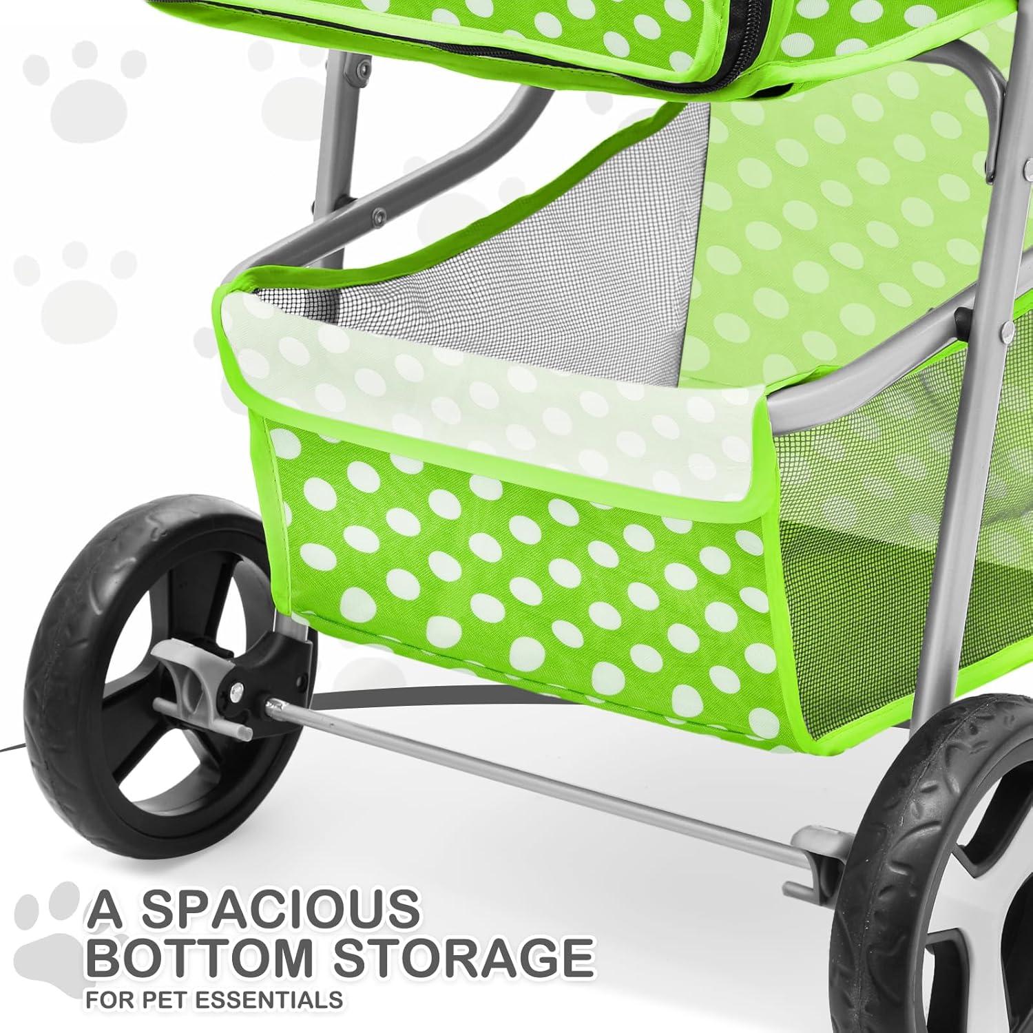 MoNiBloom 3 Wheel Folding Pet Dog Stroller, Foldable Lightweight Trolley with Storage Basket, Cup Holder and 360° Rotating Front Wheel for Small Medium Dogs, Lawn Green with White Polka Dots