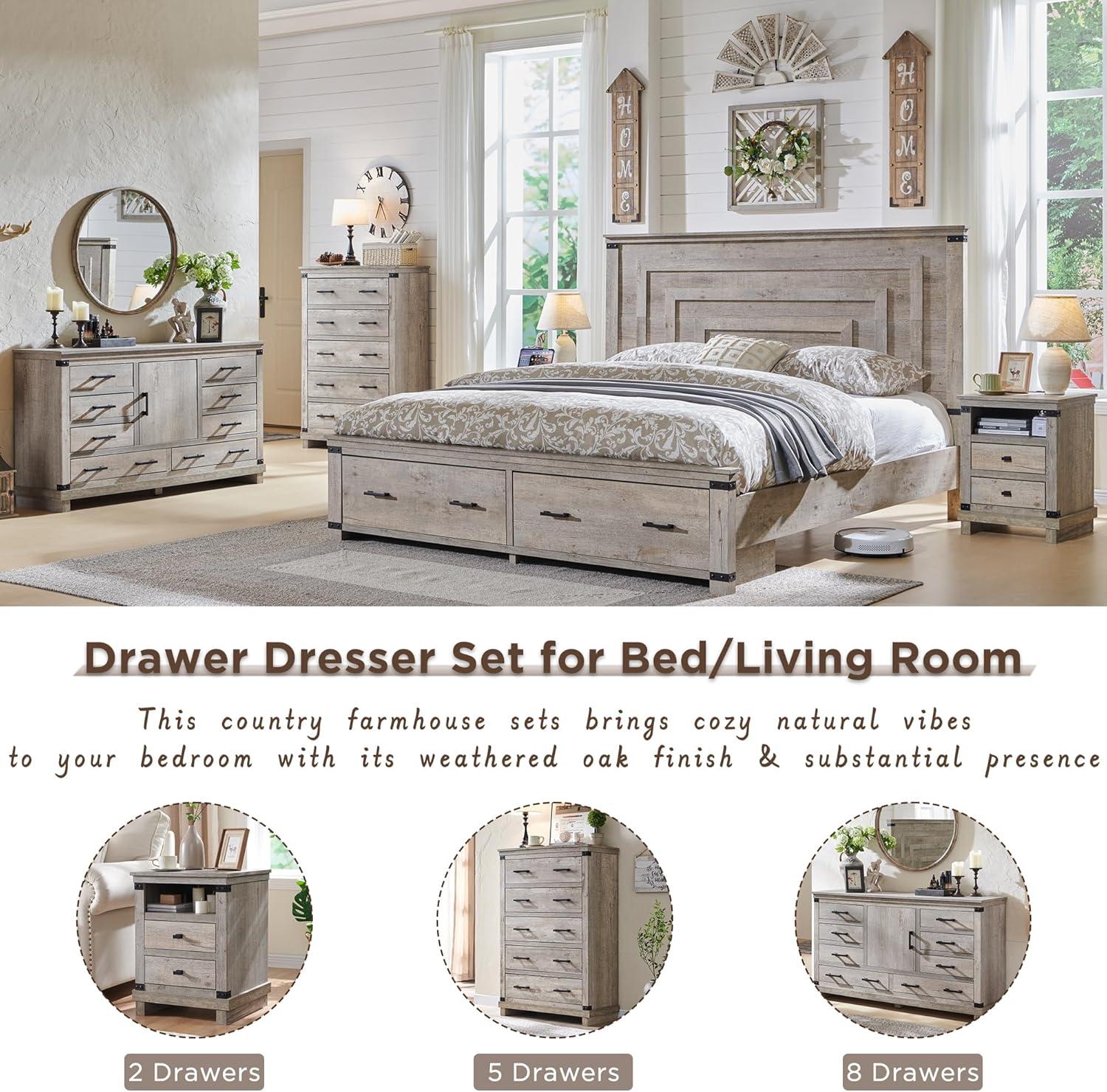 Farmhouse 6 Drawers Dresser, Large Wood Chest of Drawers with Handle for Bedroom, Living Room, Light Rustic Oak