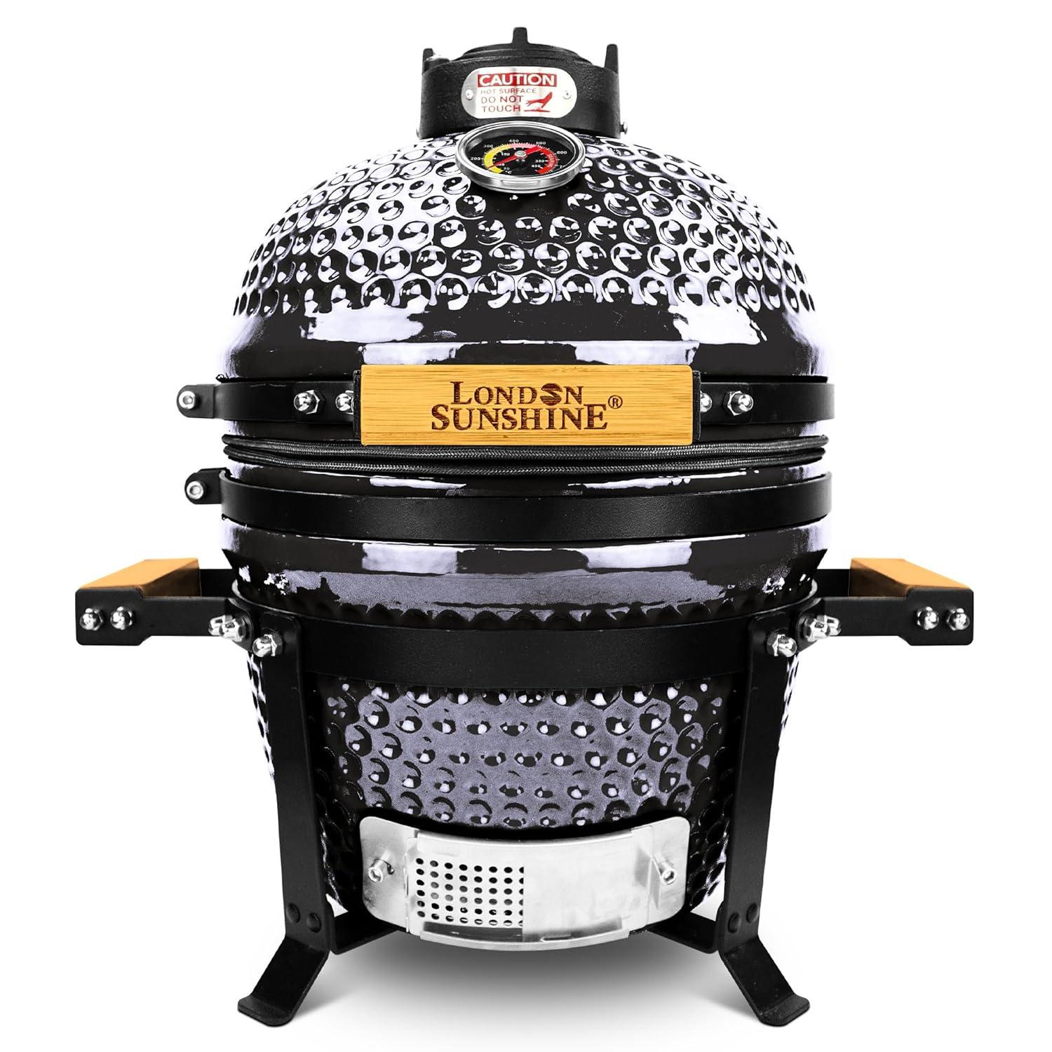 Ceramic BBQ Charcoal Kamado Grill 13 inch Portable Tabletop BBQ Grill with Stainless Steel Grates Black, Black