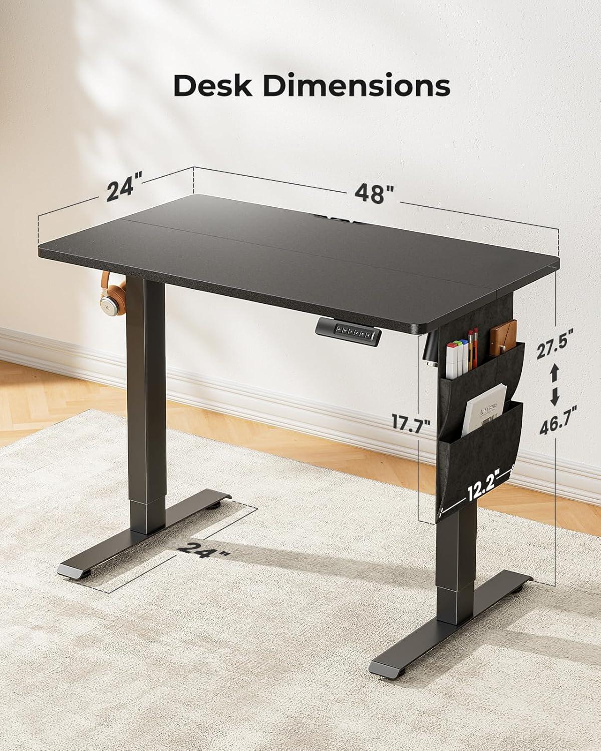 Marsail Standing Desk Adjustable Height, 48x24 Inch Electric Standing Desk with Storage Bag, Stand up Desk for Home Office Computer Desk Memory Preset with Headphone Hook