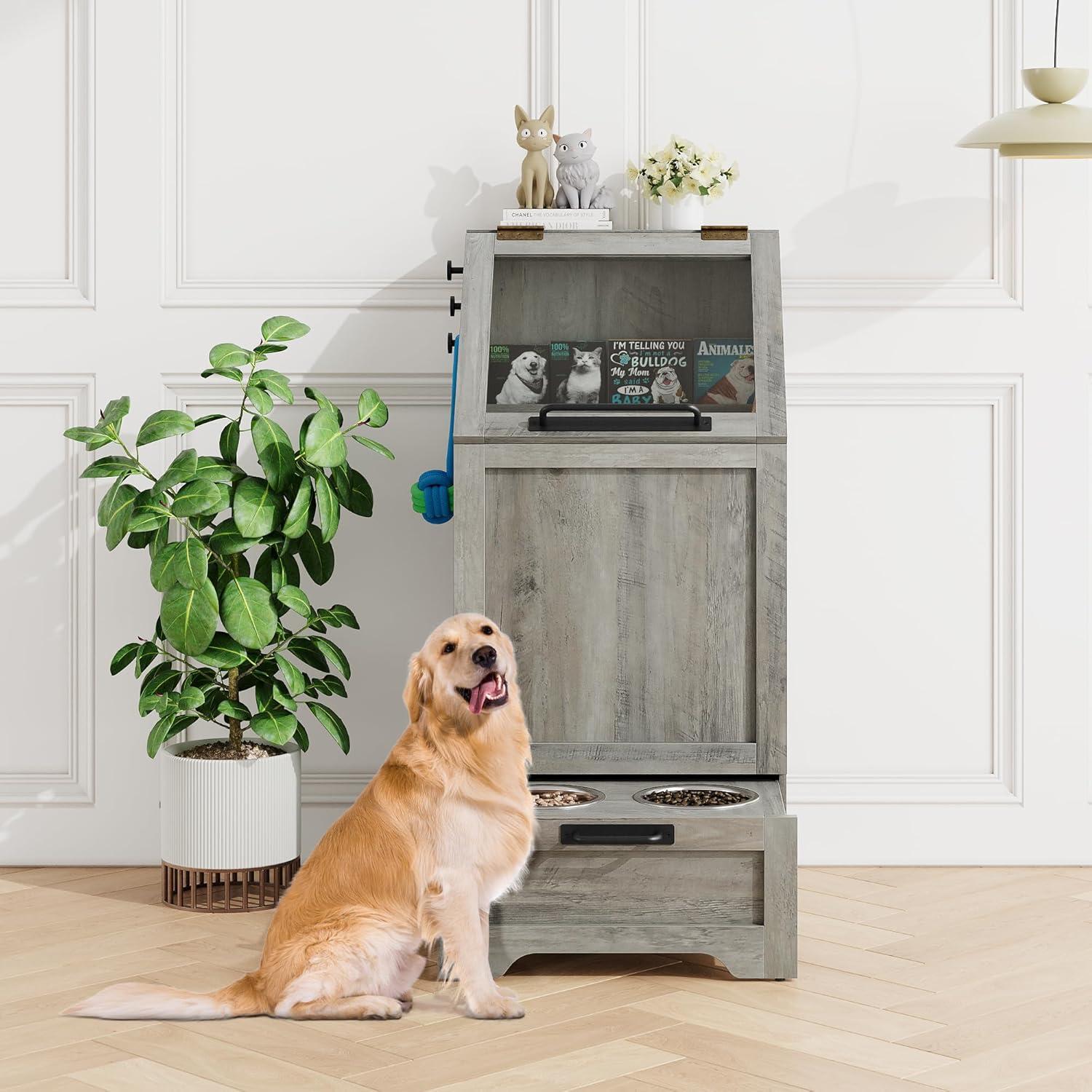 gaomon Dog Feeding Station with Storage Cabinet, 2 Elevated Dog Bowls, Filp Top Dog Food Storage Cabinet Container