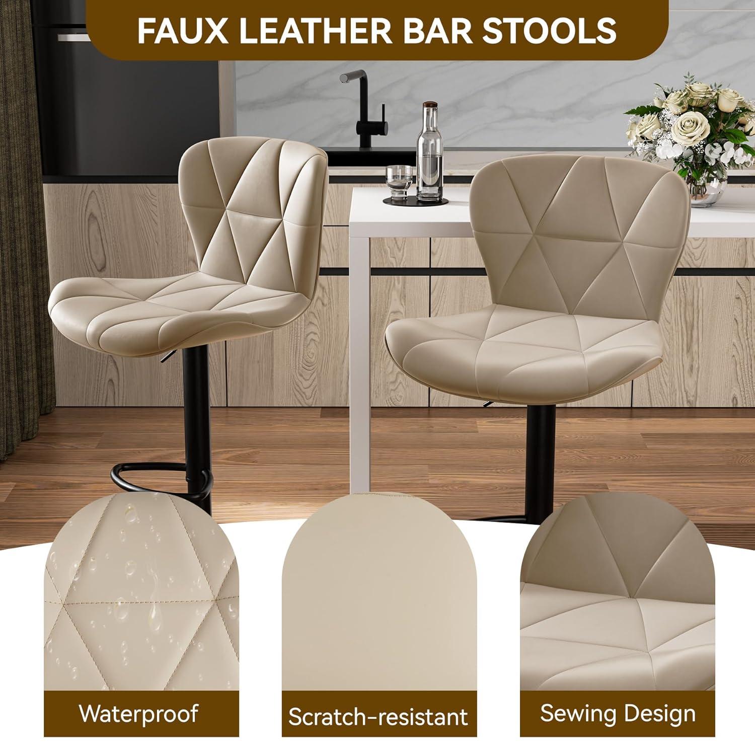 Modern Bar Stool Set of 2, Adjustable Faux Leather Upholstered Swivel Counter Stools, Counter Barstools with Back for Kitchen Island, Khaki