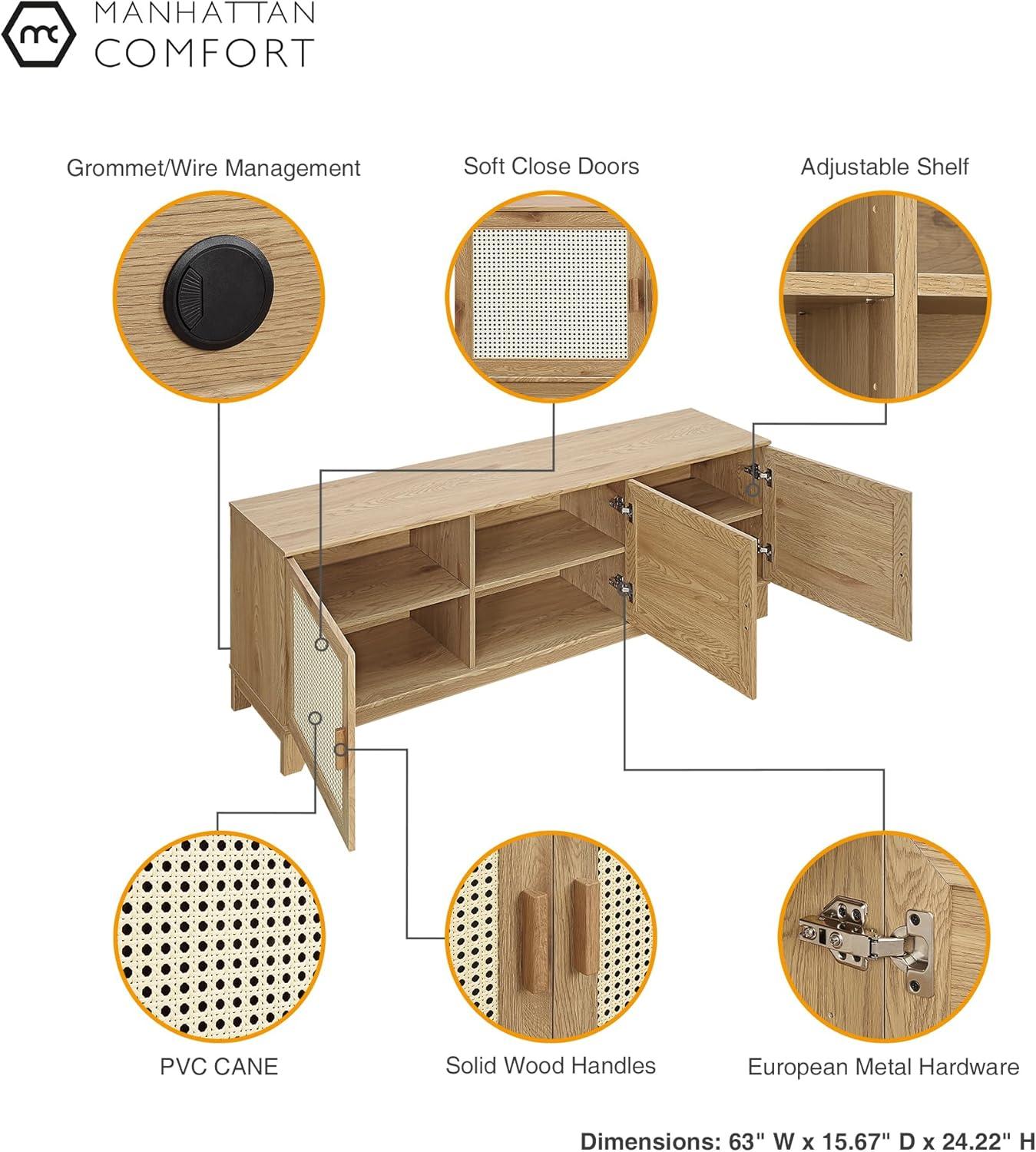 Manhattan Comfort Sheridan Modern 6 Shelf Cane TV Stand for TVs up to 55" Natural: Media Console with Cable Management