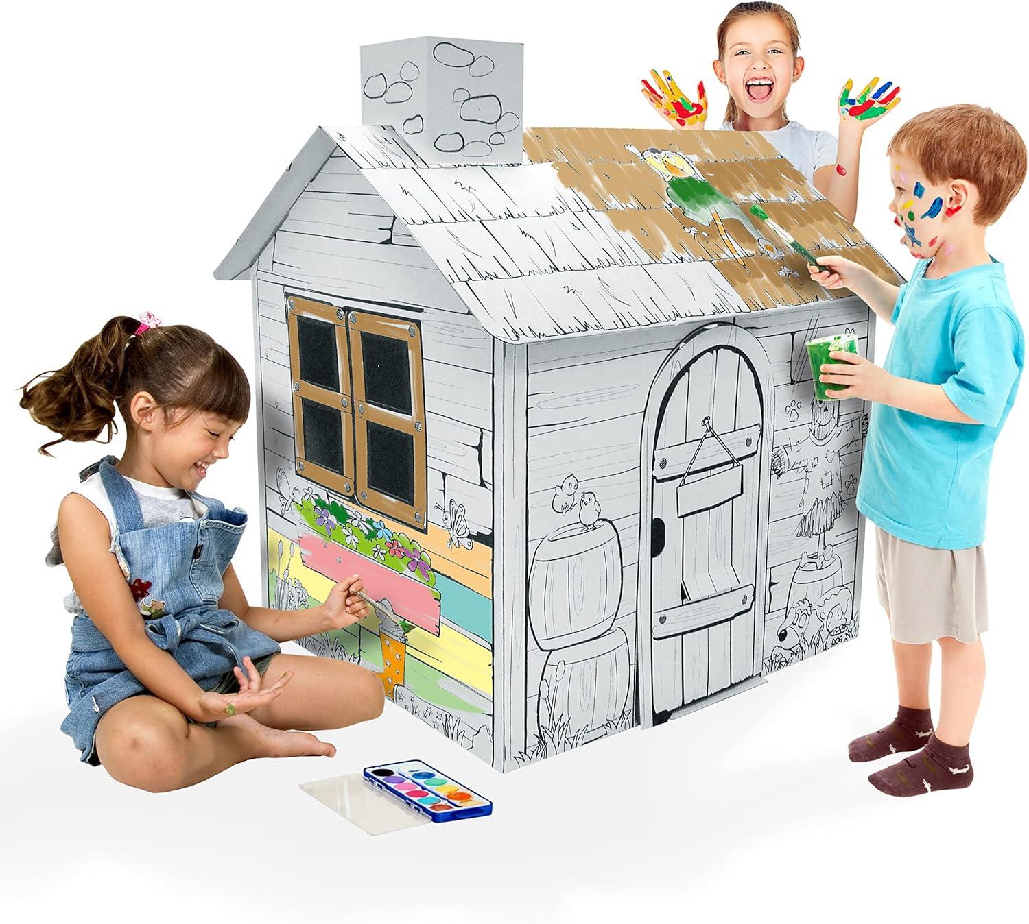 Adventure Awaits Kids Cardboard Farm Playhouse with Chimney