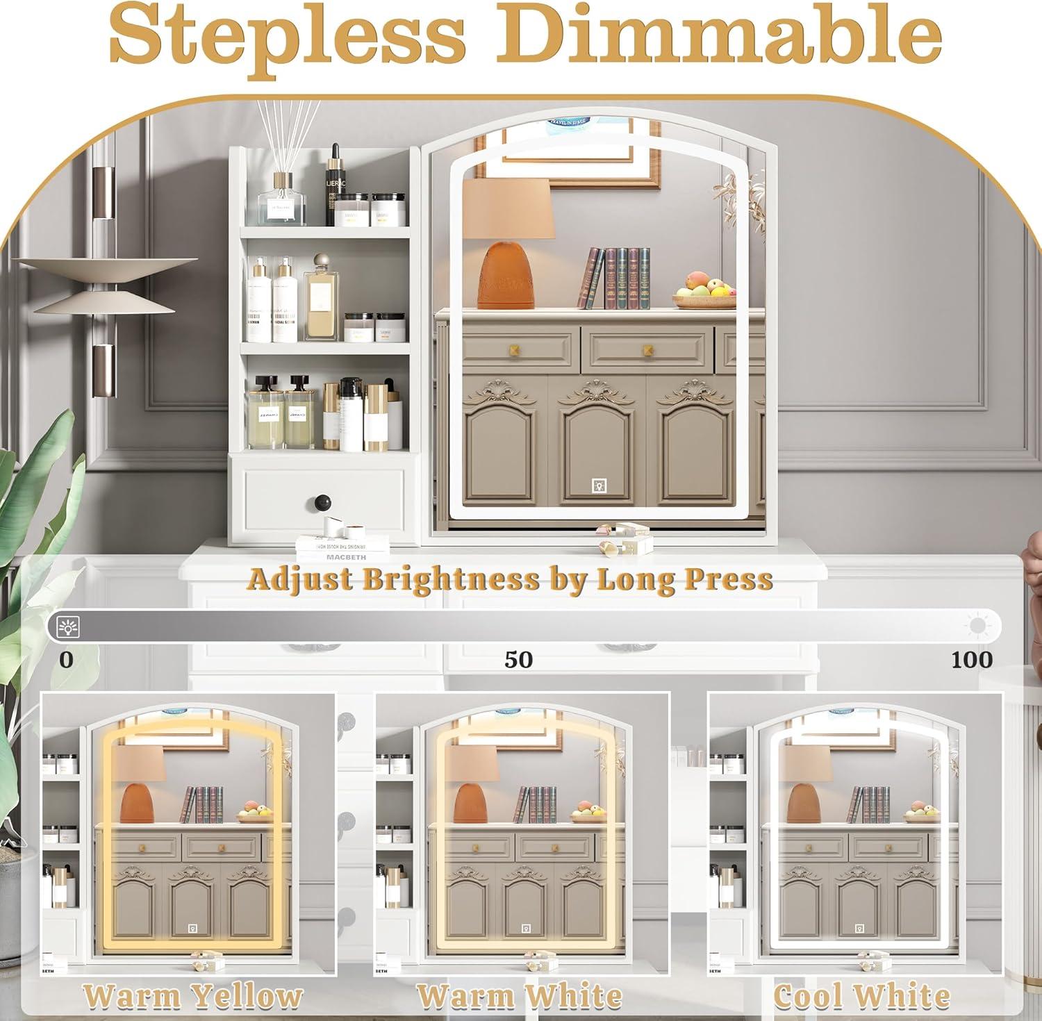 MONTARY Makeup Vanity Desk with Mirror and Lights, Dressing Table , White Vanity Table Set with 6 Drawers & Shelves & 4 Cabinets, 3 LED Lighting Modes Brightness Adjustable