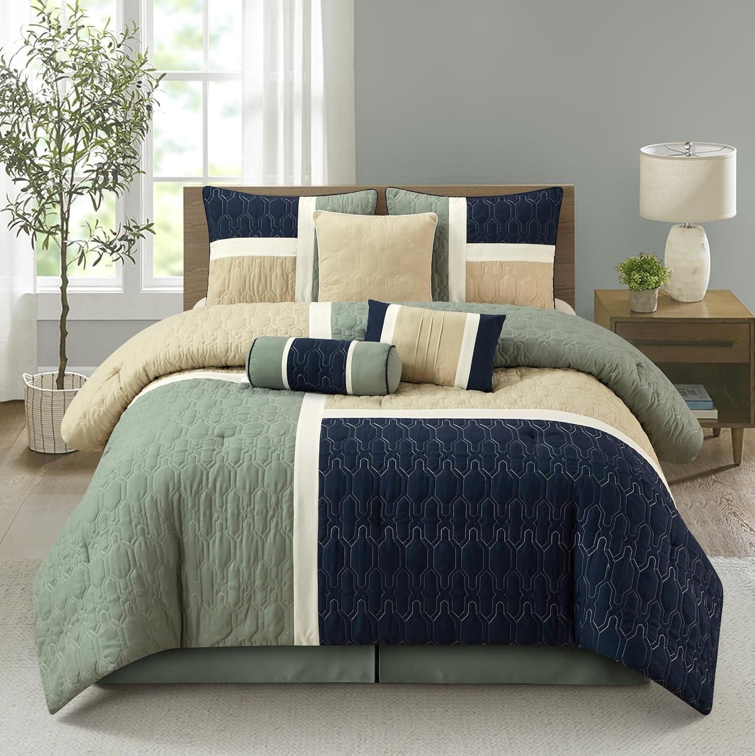 Nanshing Disan 7 Piece Contemporary Colorblock Comforter Set, Grey Navy, Queen