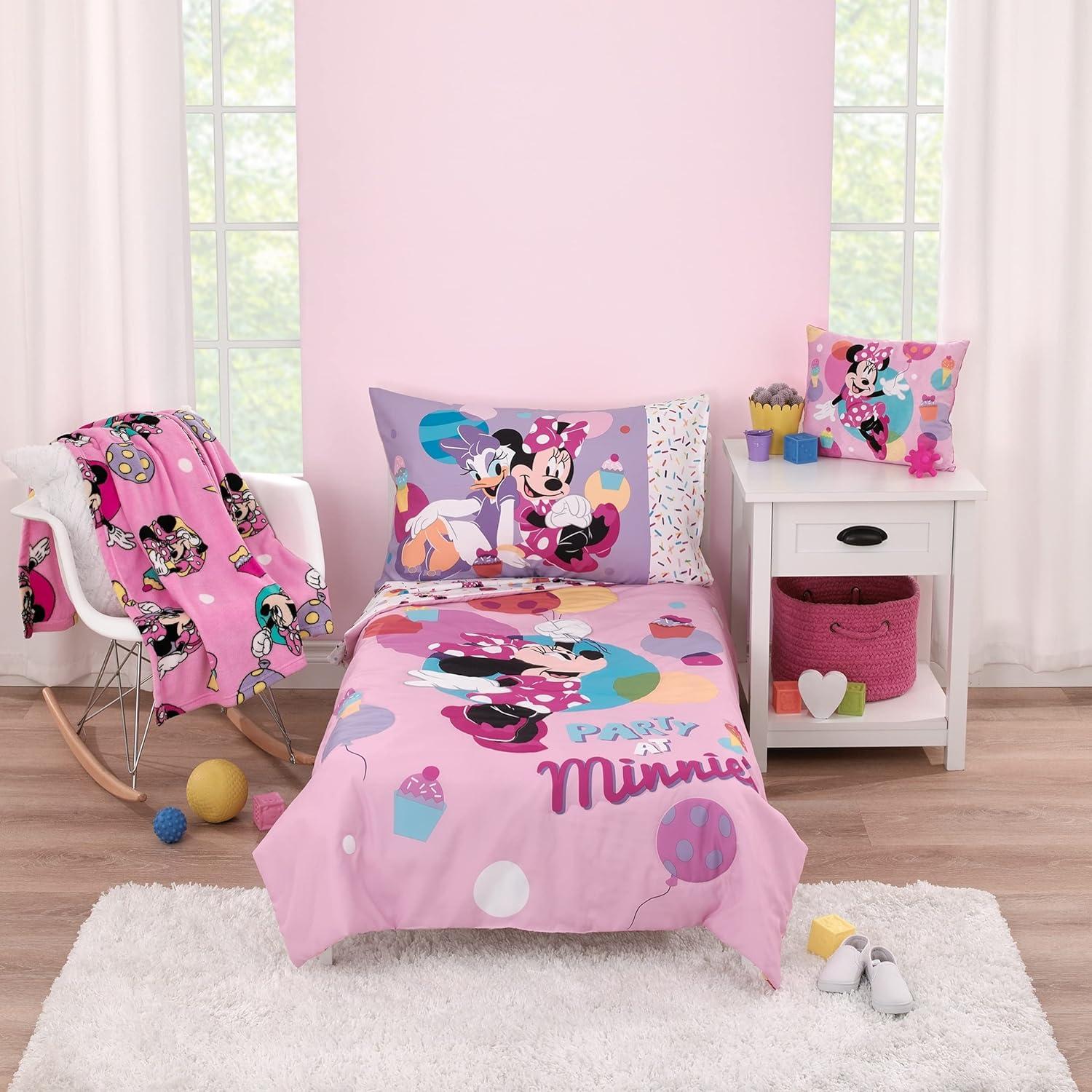 Disney Minnie Mouse Let's Party Pink, Turquoise, Lavender, and Yellow Balloons, Ice-cream Cones, and Cupcakes Plush Toddler Pillow