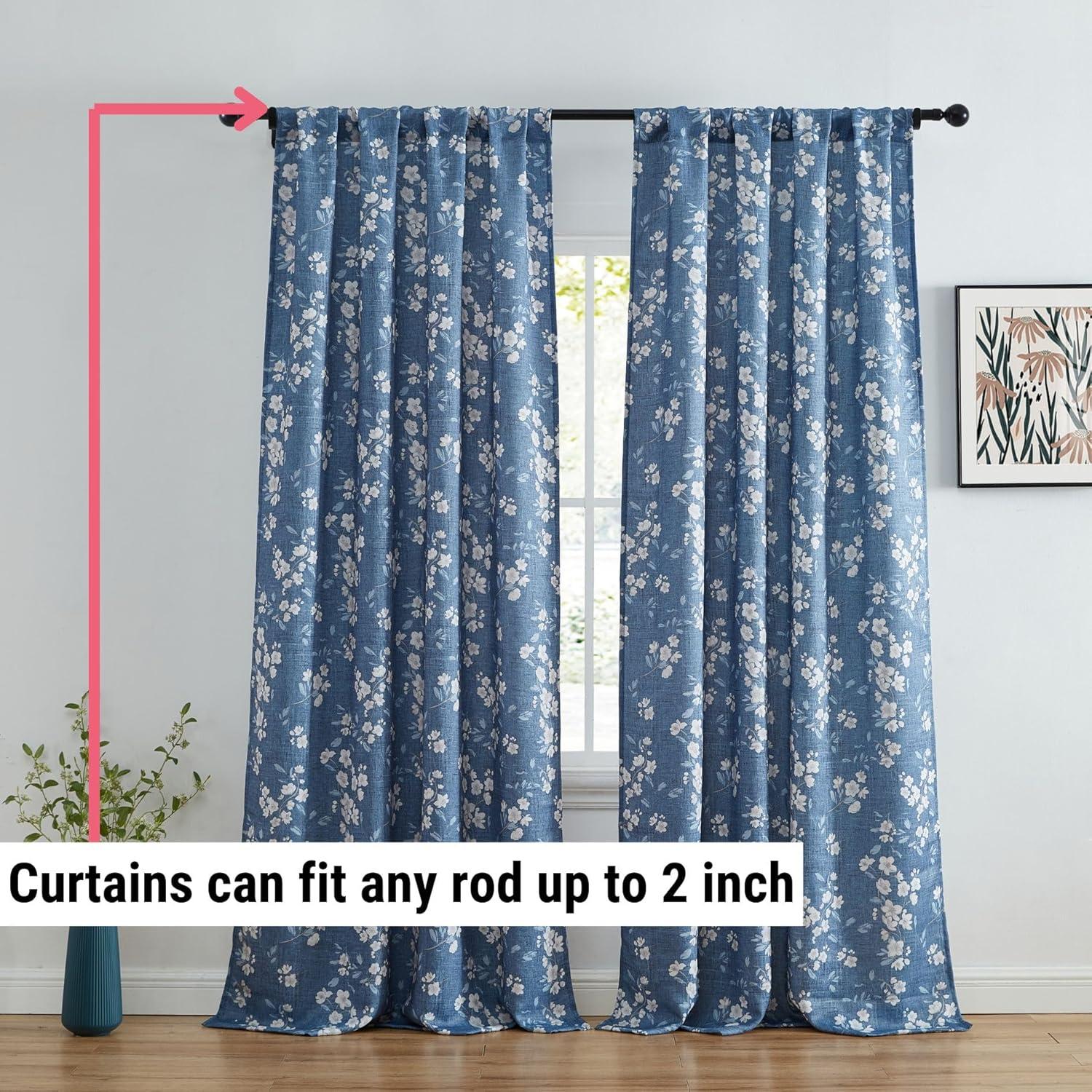 Blue Floral Polyester Room-Darkening Rod Pocket Curtains, 52" x 84"