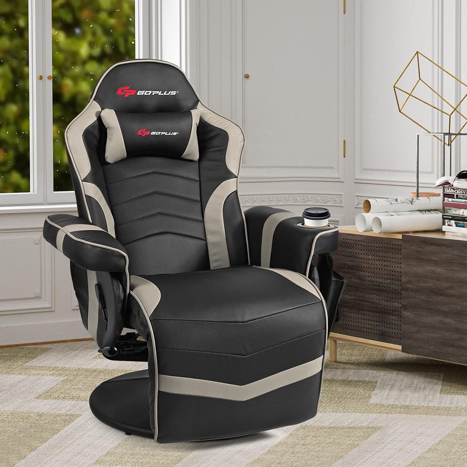 Costway Massage Gaming Recliner Reclining Racing Chair Swivel Gray