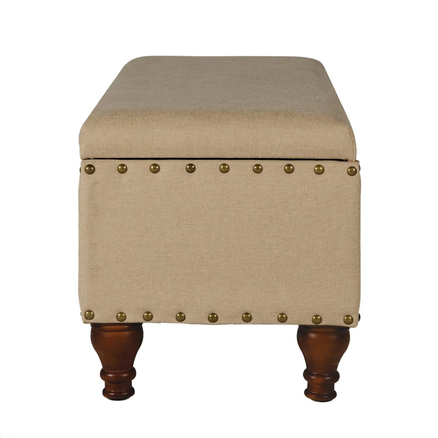 Benjara Fabric Upholstered Wooden Storage Bench With Nail head Trim, Large, Tan Brown