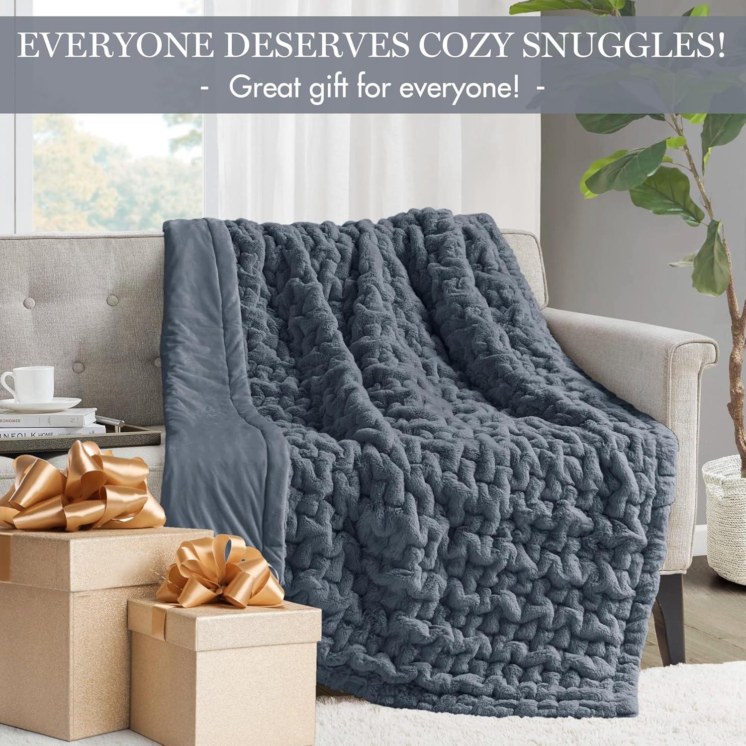 Madison Park Slate Blue Ruched Fur Throw 50x60"
