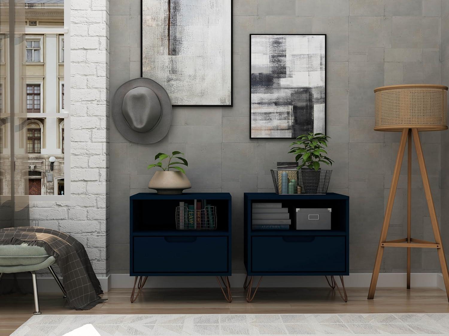 Set of 2 Rockefeller 1 Drawer Nightstands Tatiana Midnight Blue - Manhattan Comfort