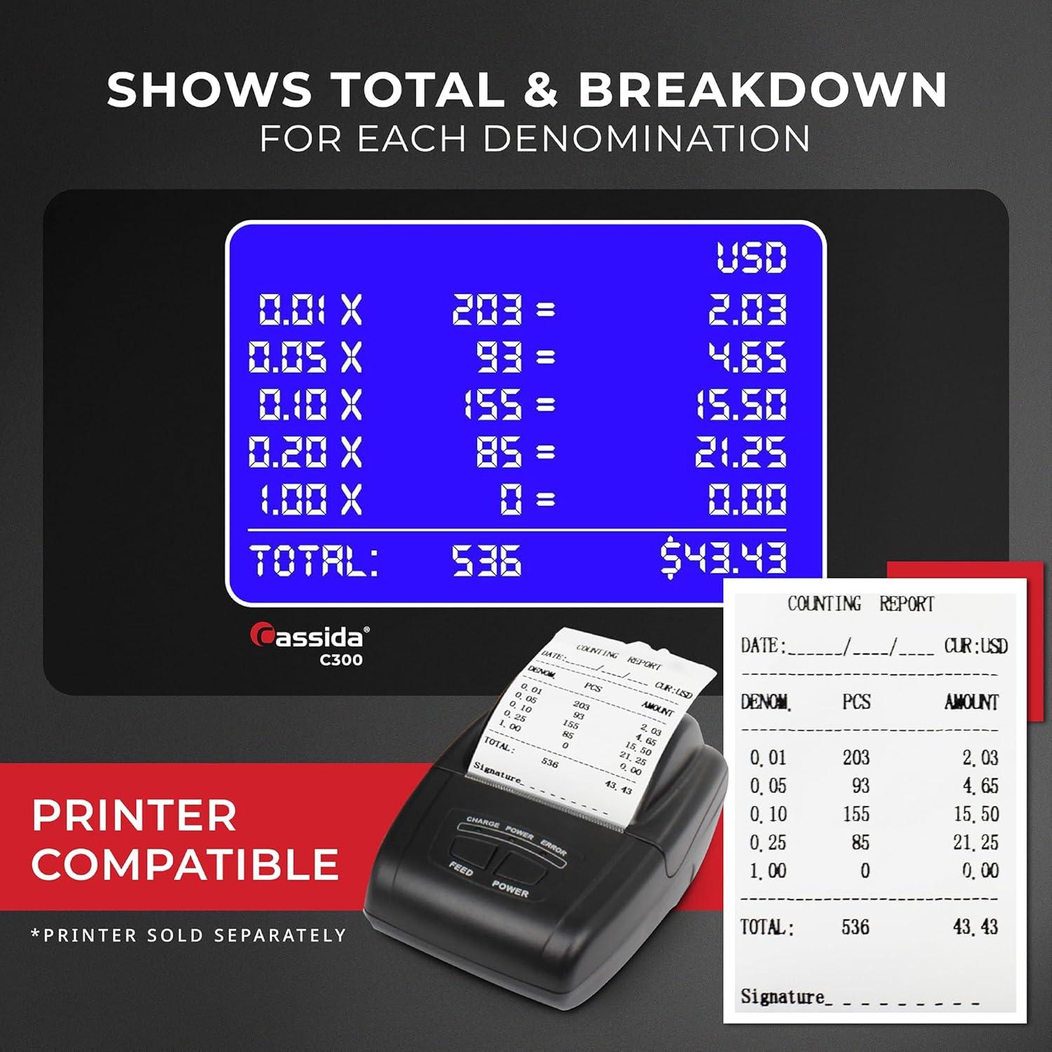 Cassida C300 Coin Counter/Sorter with a 300 Coins Per Minute Speed | Printing Compatible | Quickload Technology