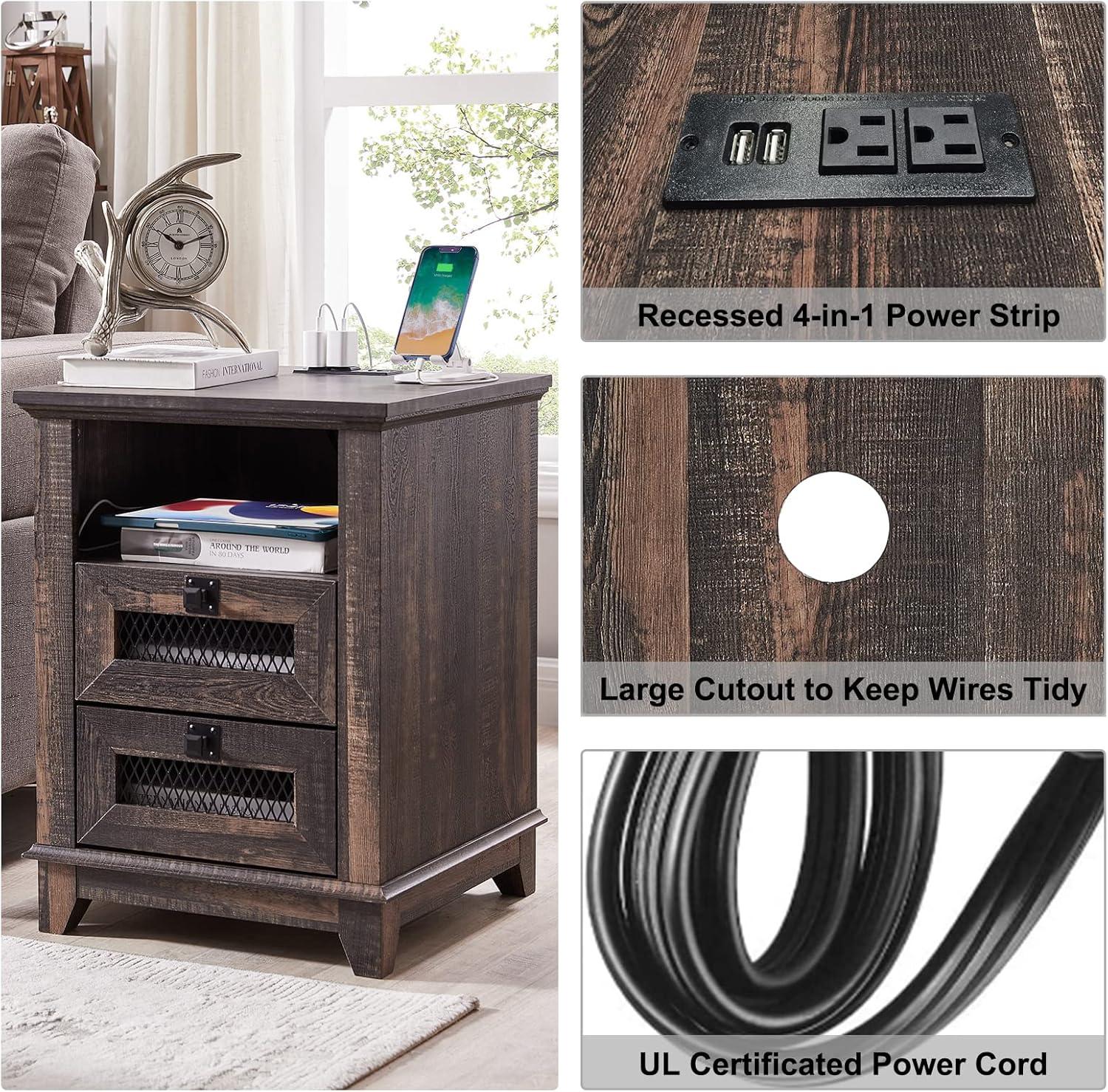 OKD 18'' Nightstand with Charging Station & 2 Drawers, Square End Table