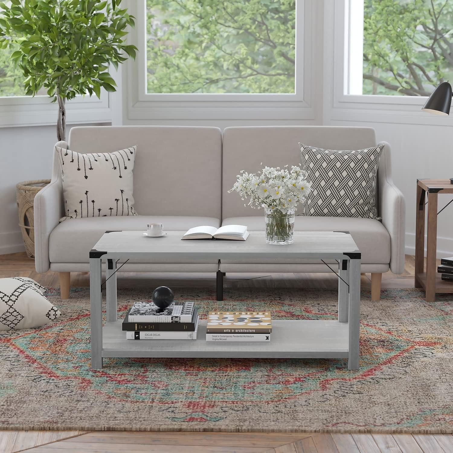 Flash Furniture Wyatt Modern Farmhouse Wooden 2 Tier Coffee Table with Metal Corner Accents and Cross Bracing