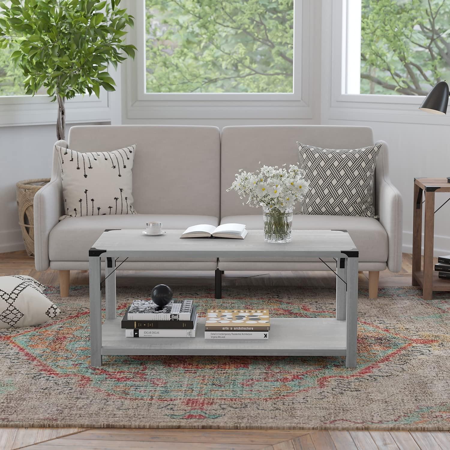 Flash Furniture Wyatt Modern Farmhouse Wooden 2 Tier Coffee Table with Black Metal Corner Accents and Cross Bracing, Aspen Gray