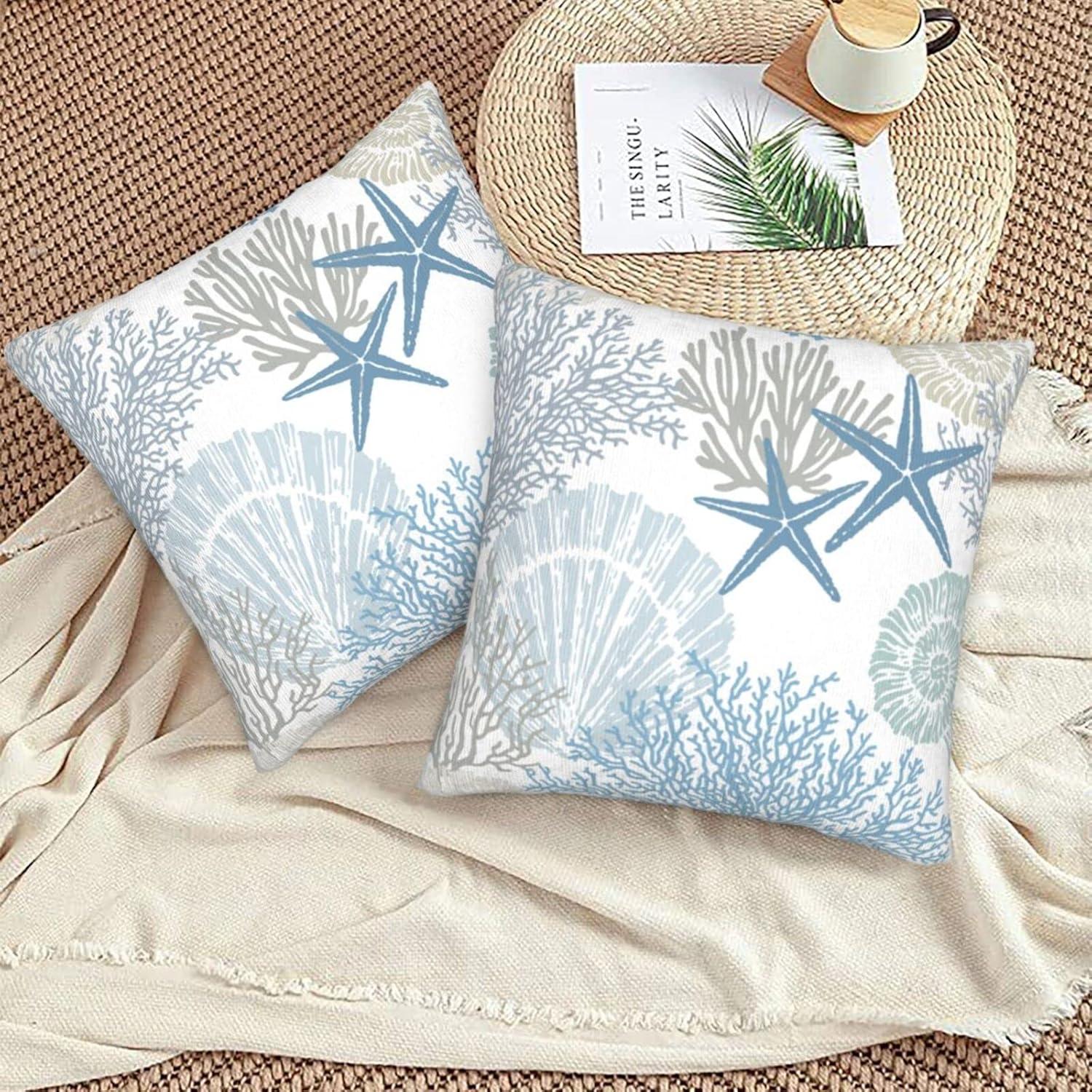 Burnt Orange Summer Outdoor Coastal Pillow Covers 18x18 Inch Set of 2 Fall Coral Seashell Starfish Throw Pillows Ocean Themed Beach Nautical Decorative Cushion Cases for Couch Decorations