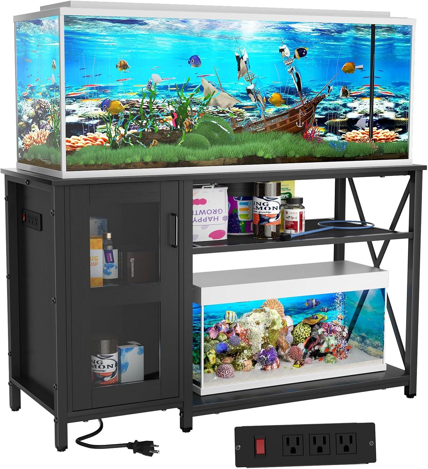 Bestier 55 Gallon Fish Tank Stand Metal Aquarium Stand with Storage Cabinet & Power Outlets LED Light, 750lbs Capacity, Black