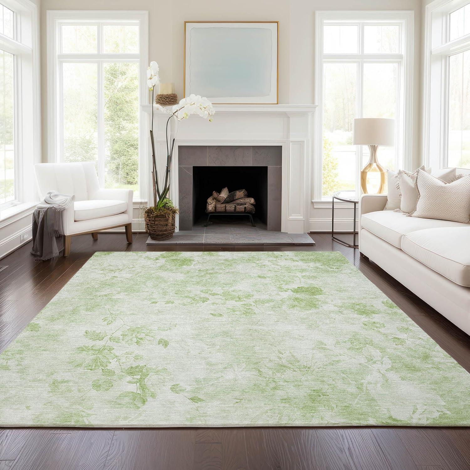 Aloe Green Floral Synthetic 8' x 10' Washable Area Rug