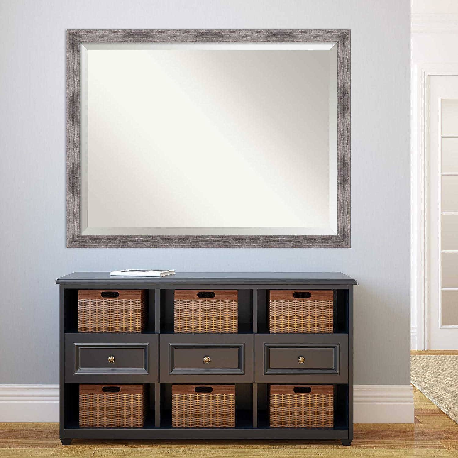 Amanti Art Beveled Bathroom Wall Mirror - Pinstripe Frame Pinstripe Plank Grey Narrow Outer Size: 43 x 33 in