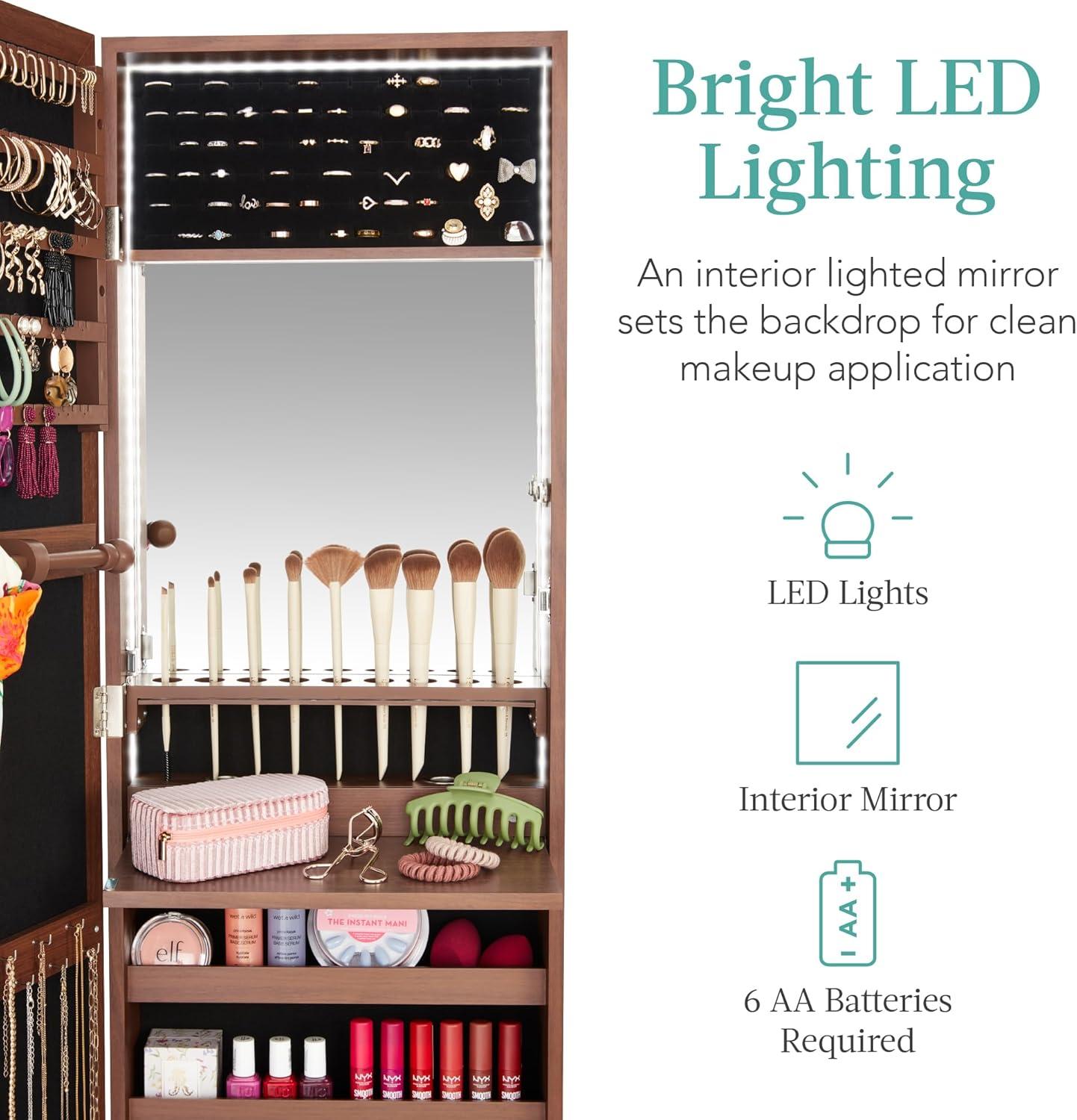 Best Choice Products Hanging Mirror Jewelry Armoire, Door or Wall Mounted Cabinet w/ LED Lights, Lock - Walnut