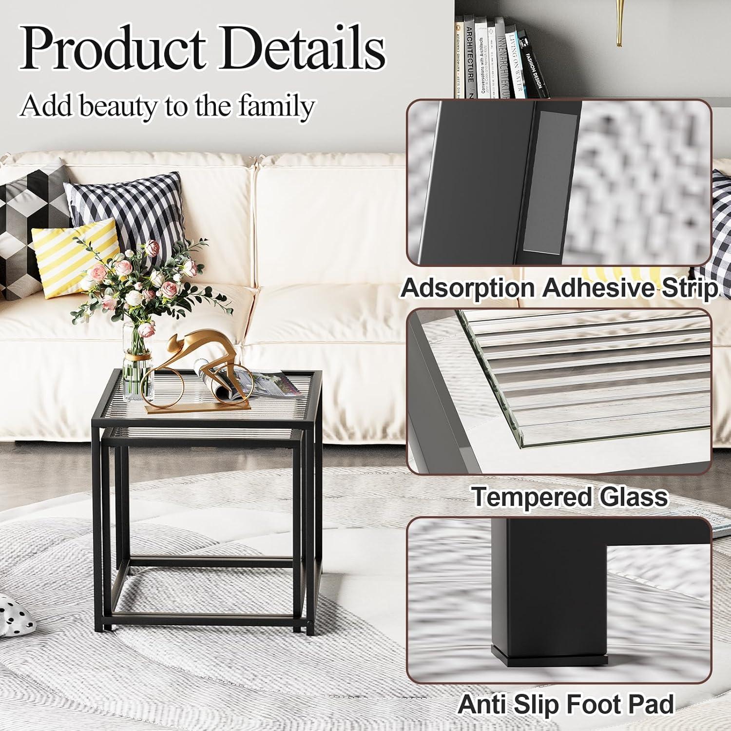 VILAWLENCE Coffee Table Set of 2, Modern Black Patterned Glass Side Table, Metal Frame Square End Table, Center Tables Nesting Coffee Table for Living Room,Bedroom and Small Spaces