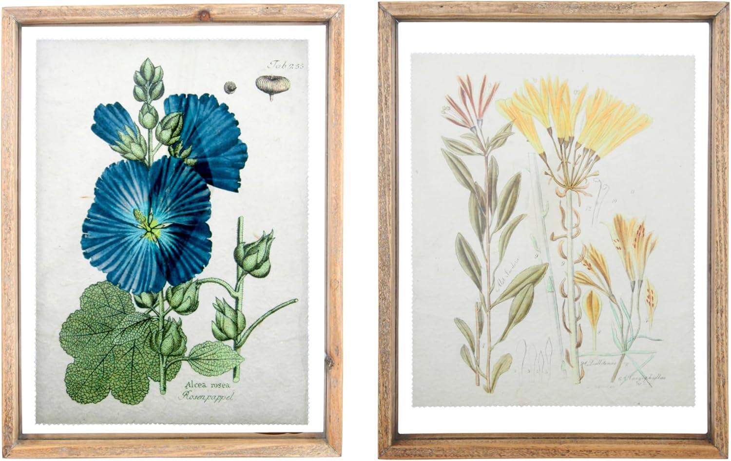 Vintage Floral Blue and Yellow Wood Framed Wall Art Set