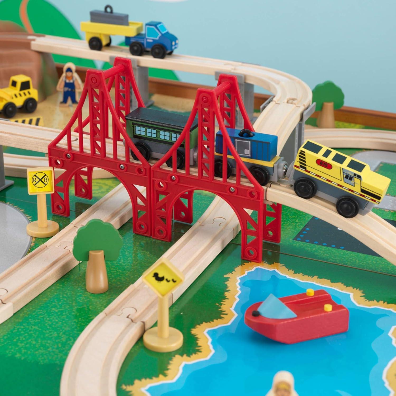 KidKraft Ride Around Town Wooden Train Set And Table With Storage Bins And 100 Pieces, Honey