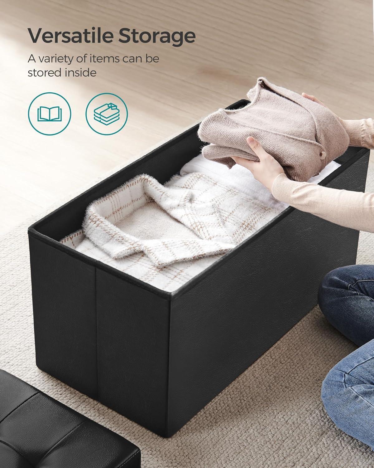 SONGMICS 43" Folding Storage Ottoman Bench Leather Ottoman Storage Footrest Hold up to 660lb Black