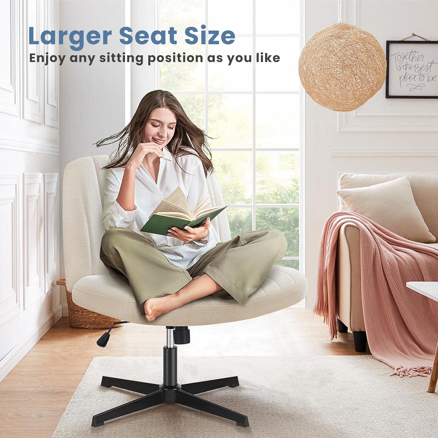 Criss Cross Chair with Wheels, Cross Legged Office Chair, Wide Comfort Desk Chair, Armless Computer Task Chair, Swivel Fabric Vanity Home Chair, Height Adjustable