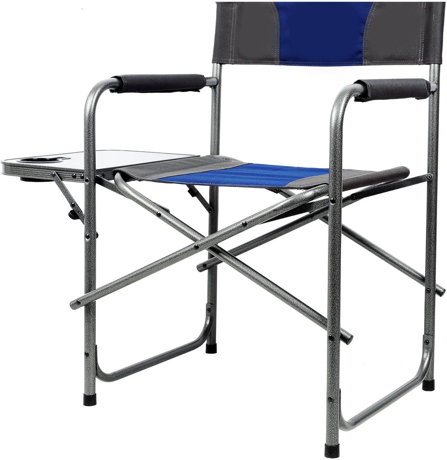 Blue and Grey Foldable Steel Camping Director Chair with Side Table