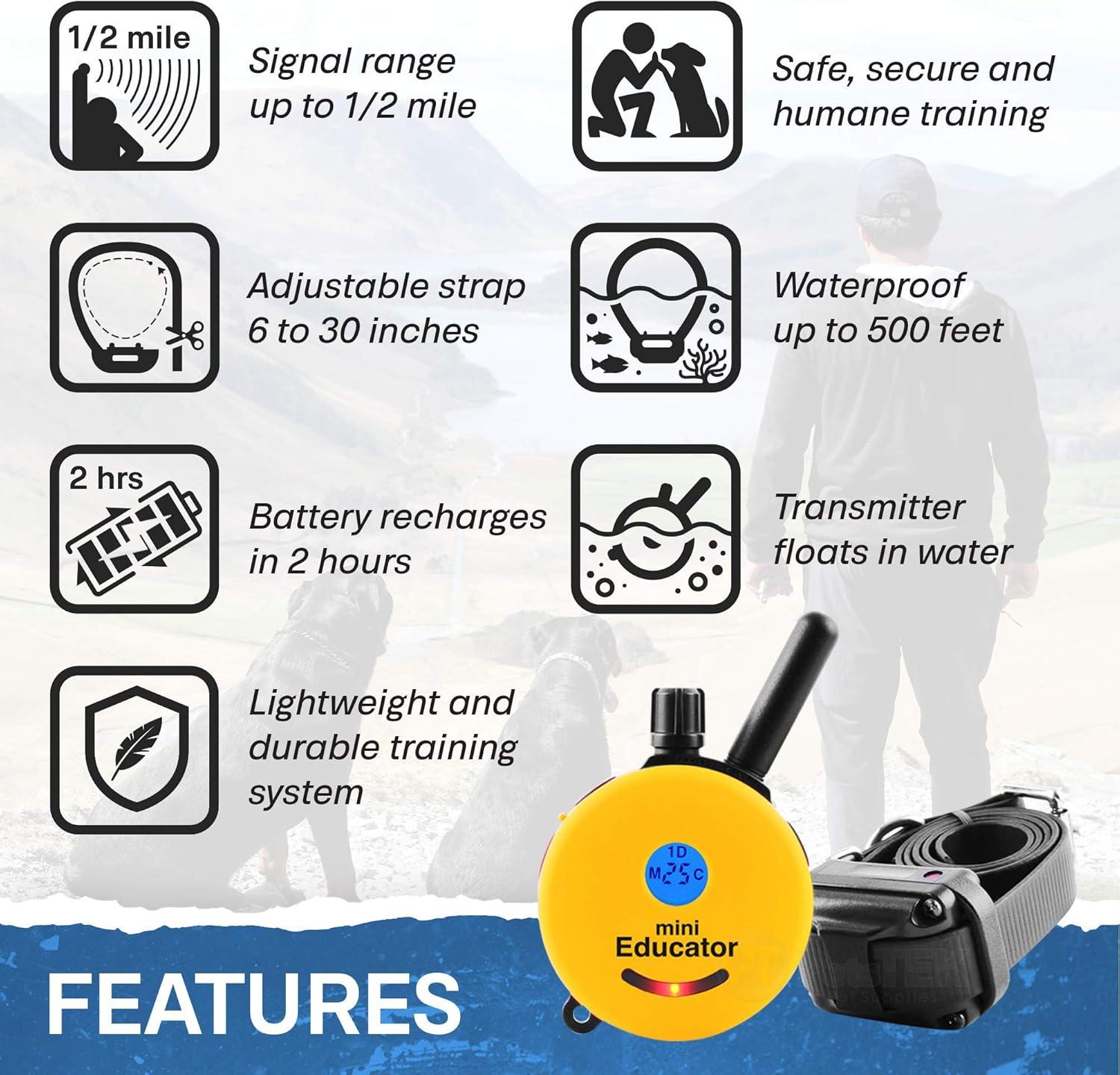 E-Collar ET-300 Mini Educator Dog Training Collar Bundle + PetsTEK Dog Clicker – 1/2 Mile Range, Waterproof, 100 Levels with Vibration & Tone