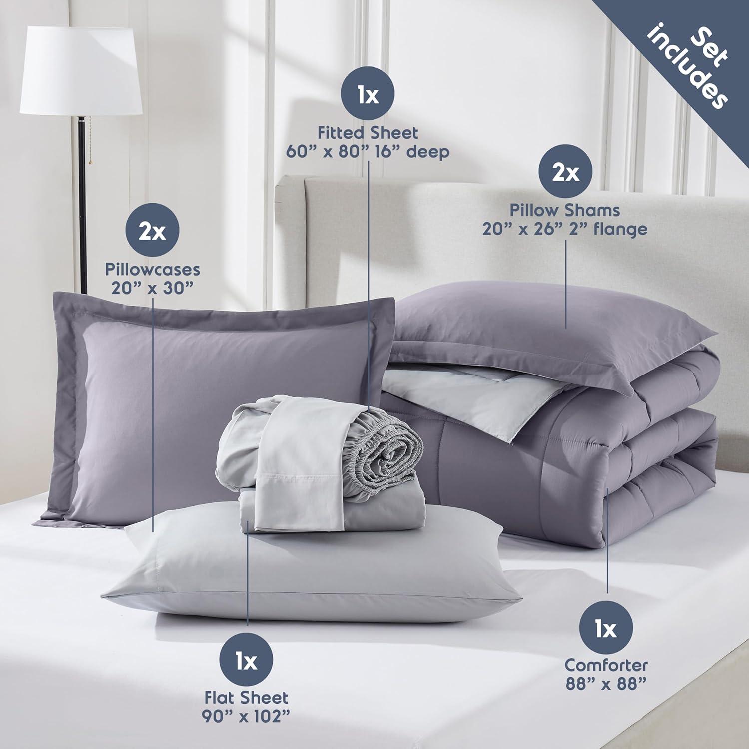 Nestl Bed in a Bag Reversible, 7 Piece Queen Size Bedding Set - Grayish Purple/Light Grey
