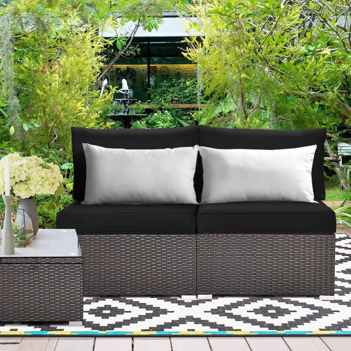 Canddidliike Patio Furniture Sets, 2 Pieces Patio Rattan Armless Sofa Set with 2 Cushions and 2 Pillows-Black, Wicker Sofa Small Patio Conversation Couch for Garden, Poolside