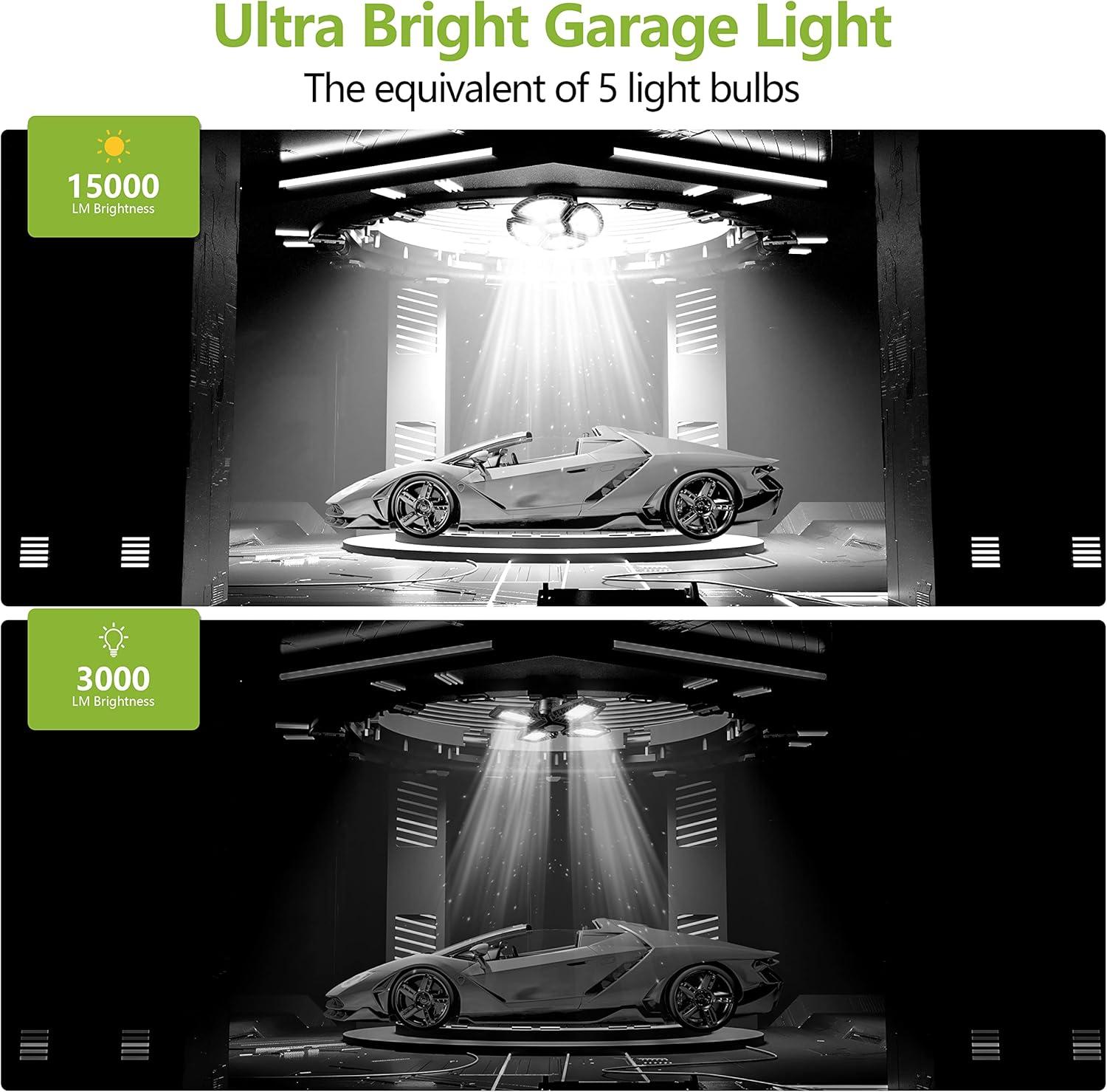 LED Garage Light,100W (900W Equivalent) 15000 Lumen 4-Head Deformable Ceiling Light, 5000K Daylight