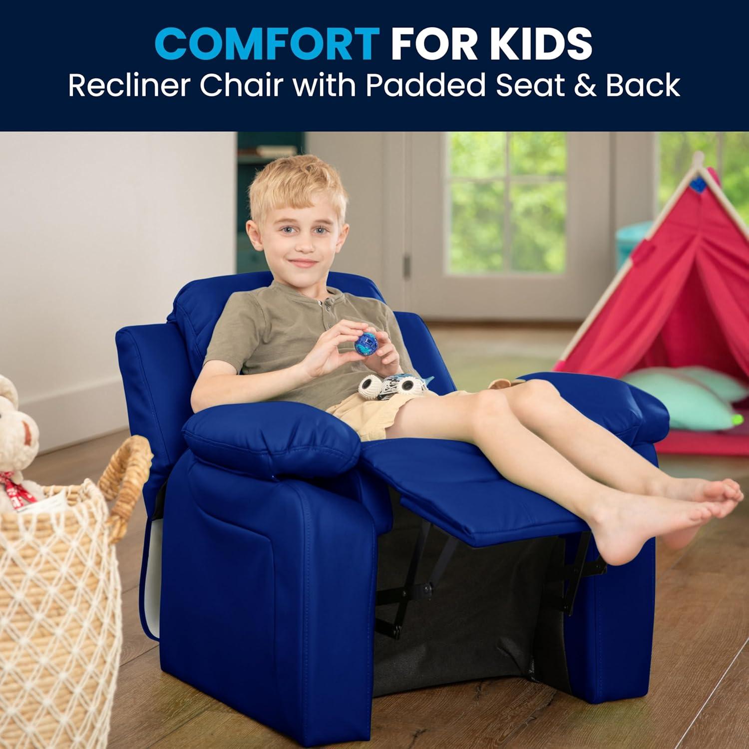 Flash Furniture Charlie Deluxe Padded Contemporary Blue Vinyl Kids Recliner with Storage Arms