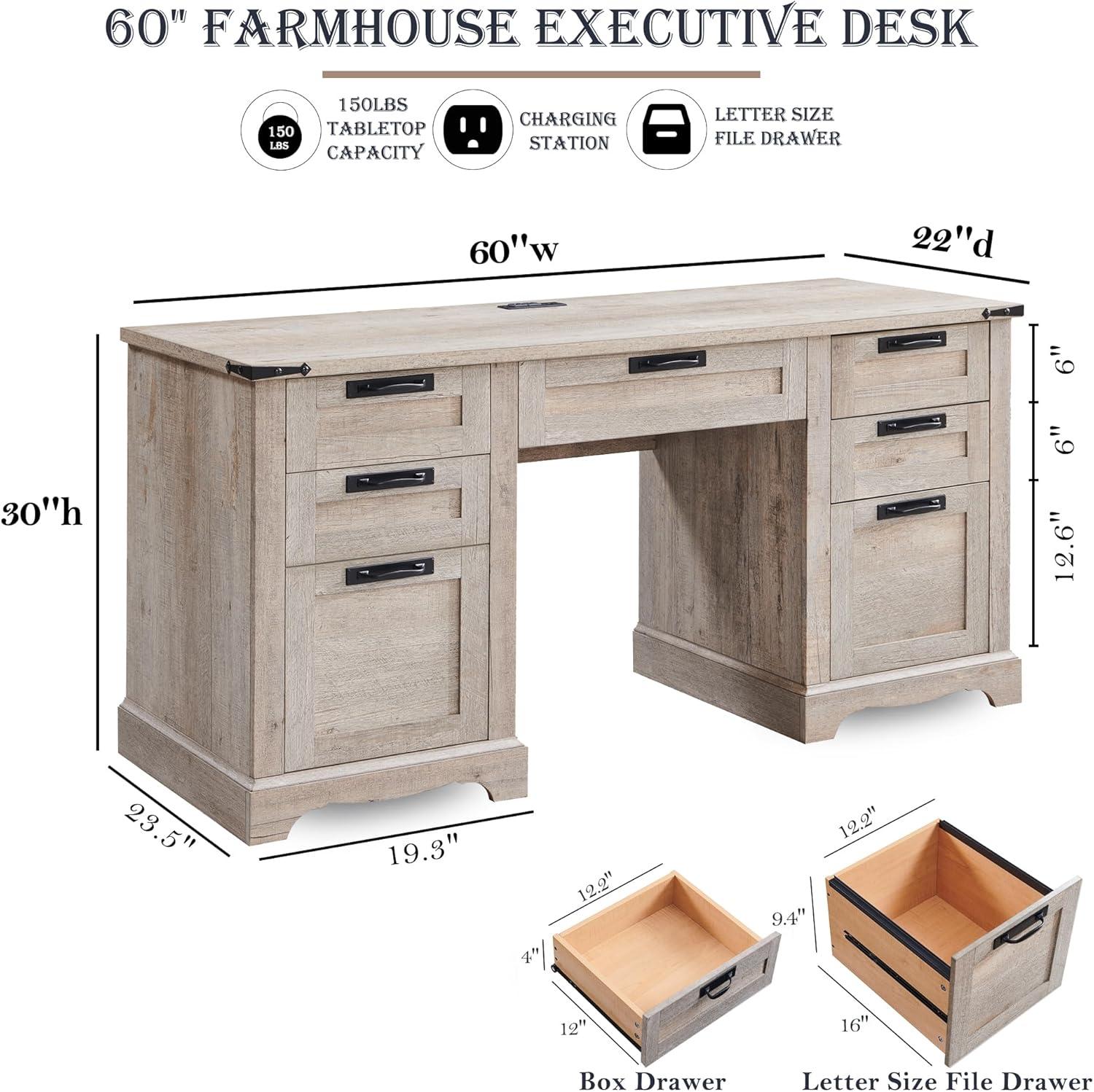 RedLemon 60" Farmhouse L Shaped Desk with Drawers, Wood Home Office Corner Executive Desk with Charging Station, File Drawer, Storage Cabinet, Rustic Computer Writing Desk (Light Rustic Oak)