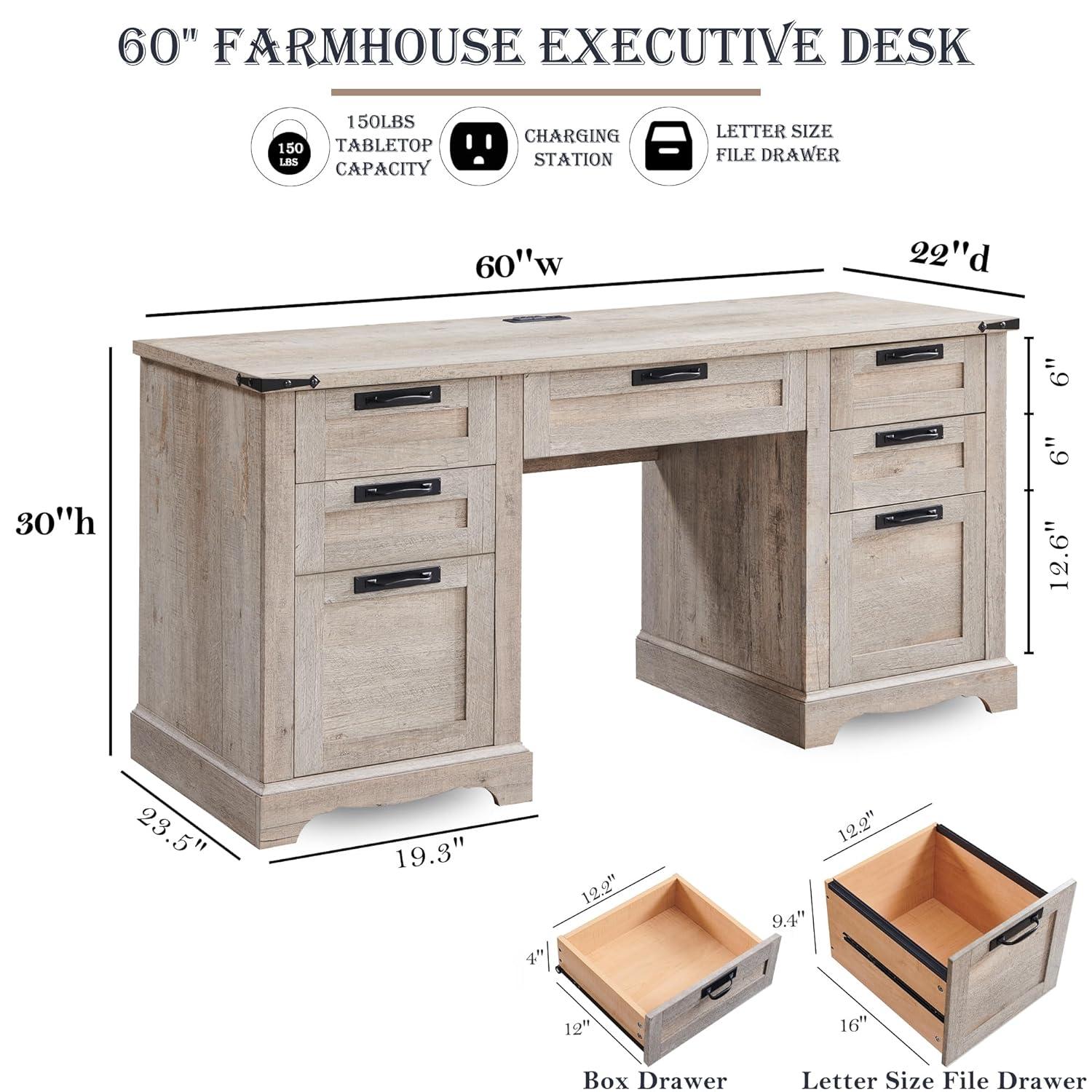 RedLemon 60" Farmhouse L Shaped Desk with Drawers, Wood Home Office Corner Executive Desk with Charging Station, File Drawer, Storage Cabinet, Rustic Computer Writing Desk (Light Rustic Oak)