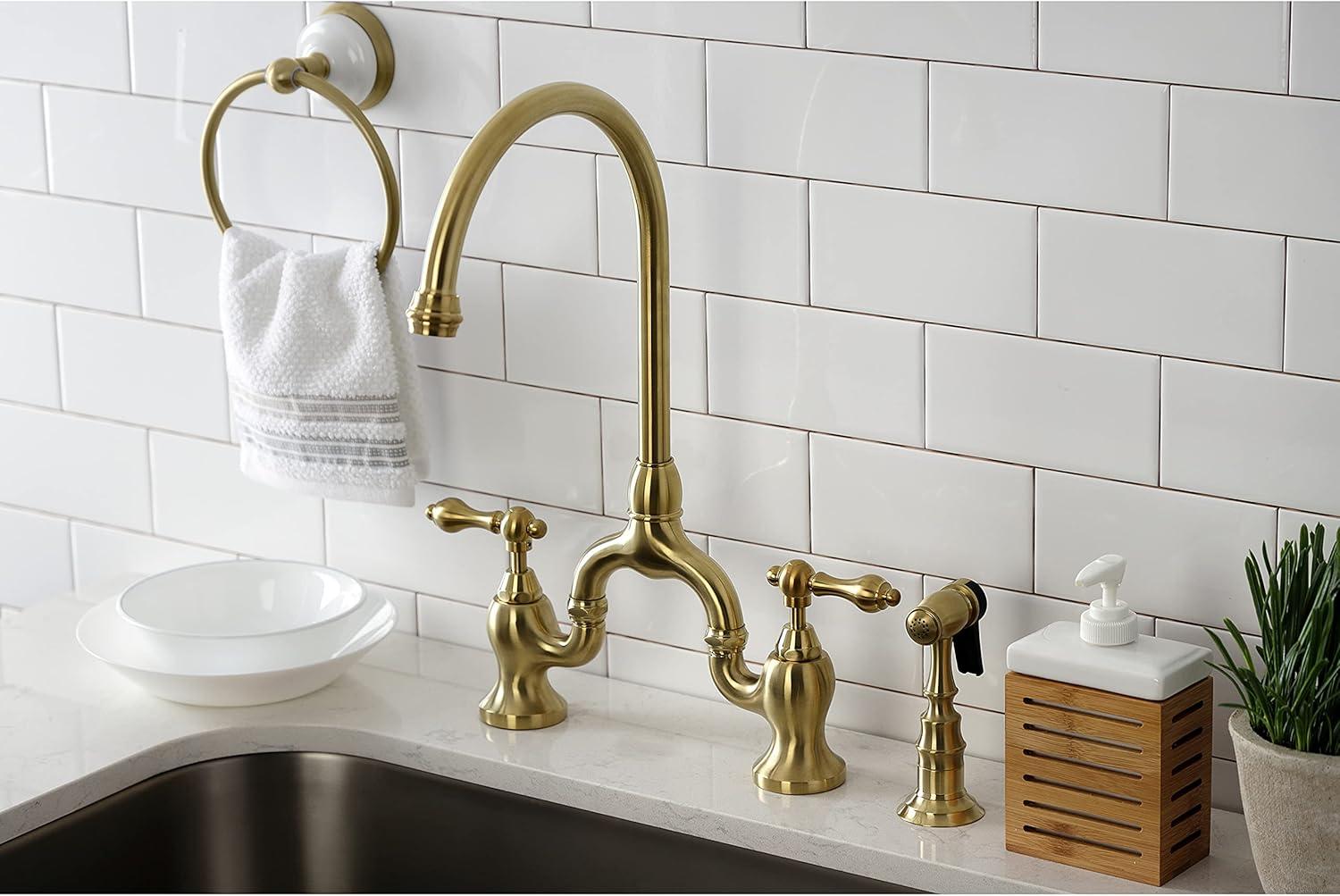 Kingston Brass English Country Two-Handle 3-Hole Deck Mount Bridge Kitchen Faucet with Brass Side Sprayer