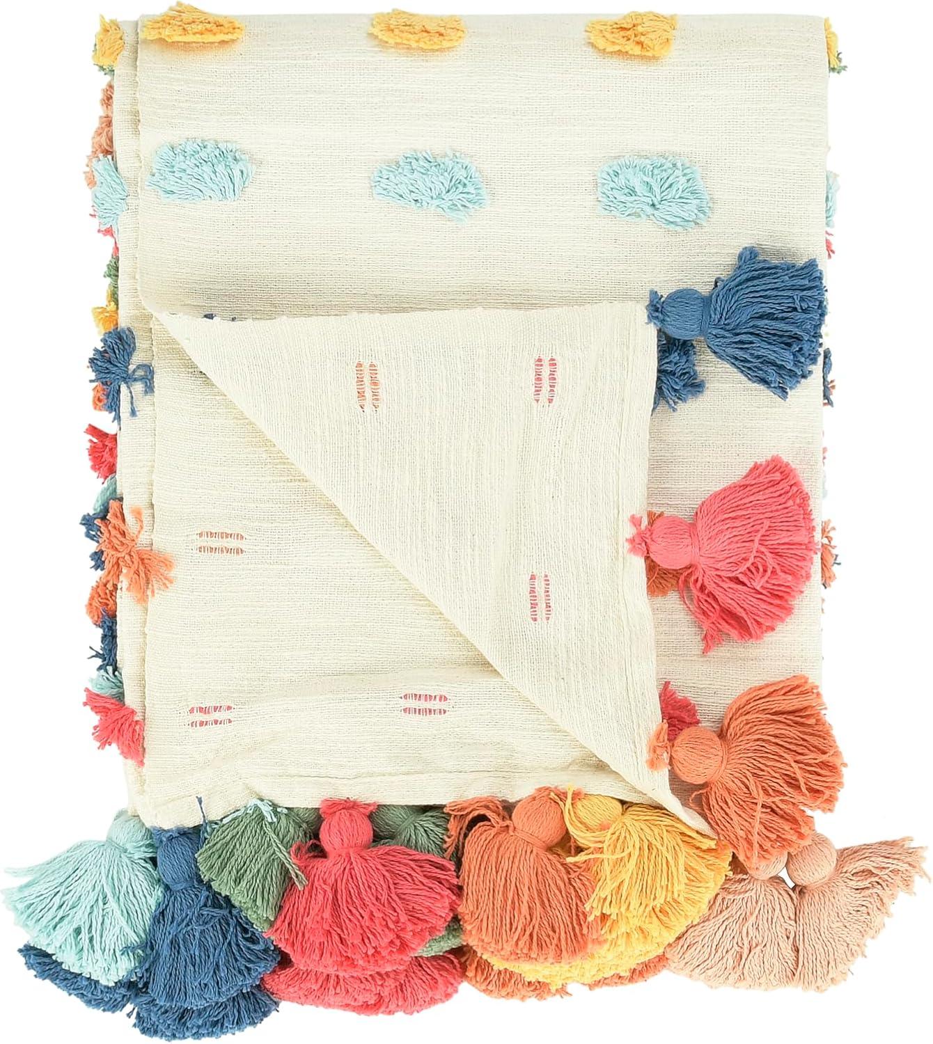 Desert Fields Cotton Throw with Tassels and Tufted Dots, 60" x 50", Multicolor