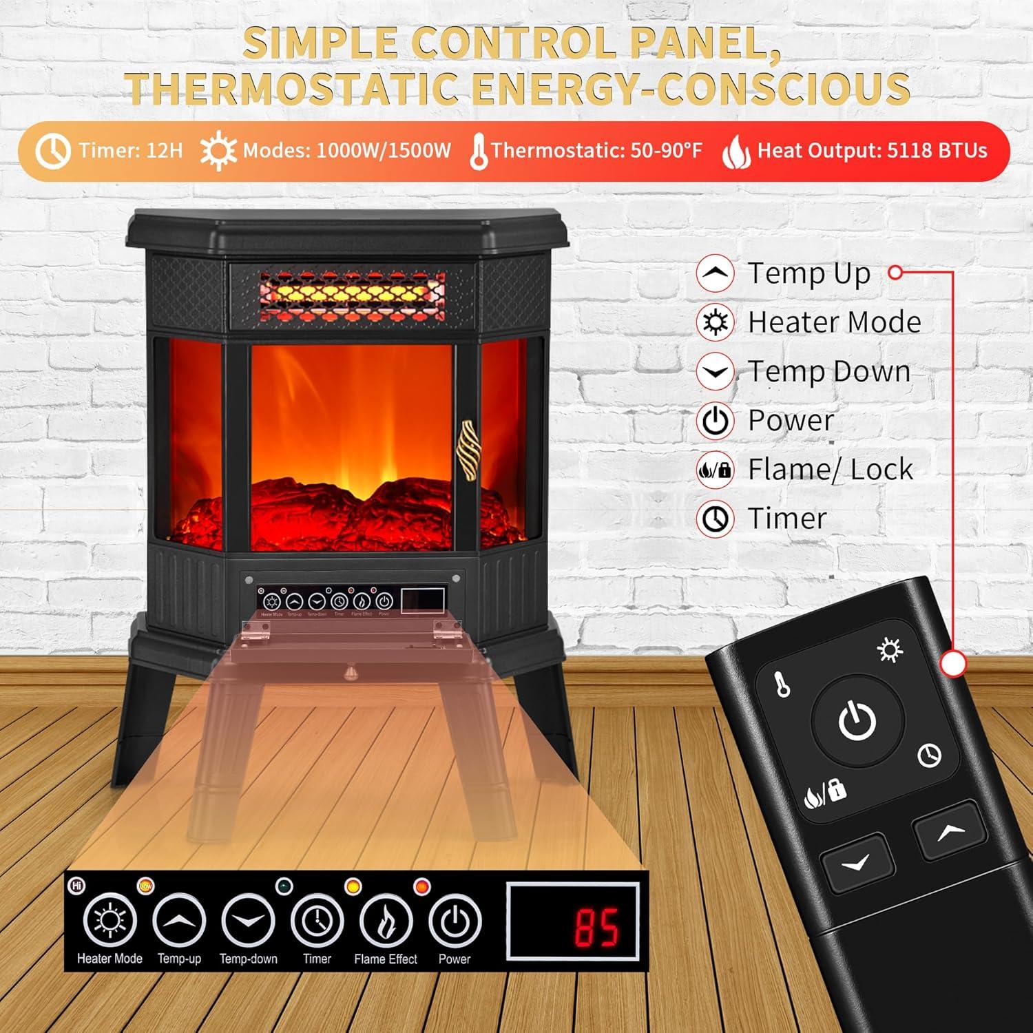 Black Freestanding Electric Fireplace Heater with 3D Flame Effect and Remote