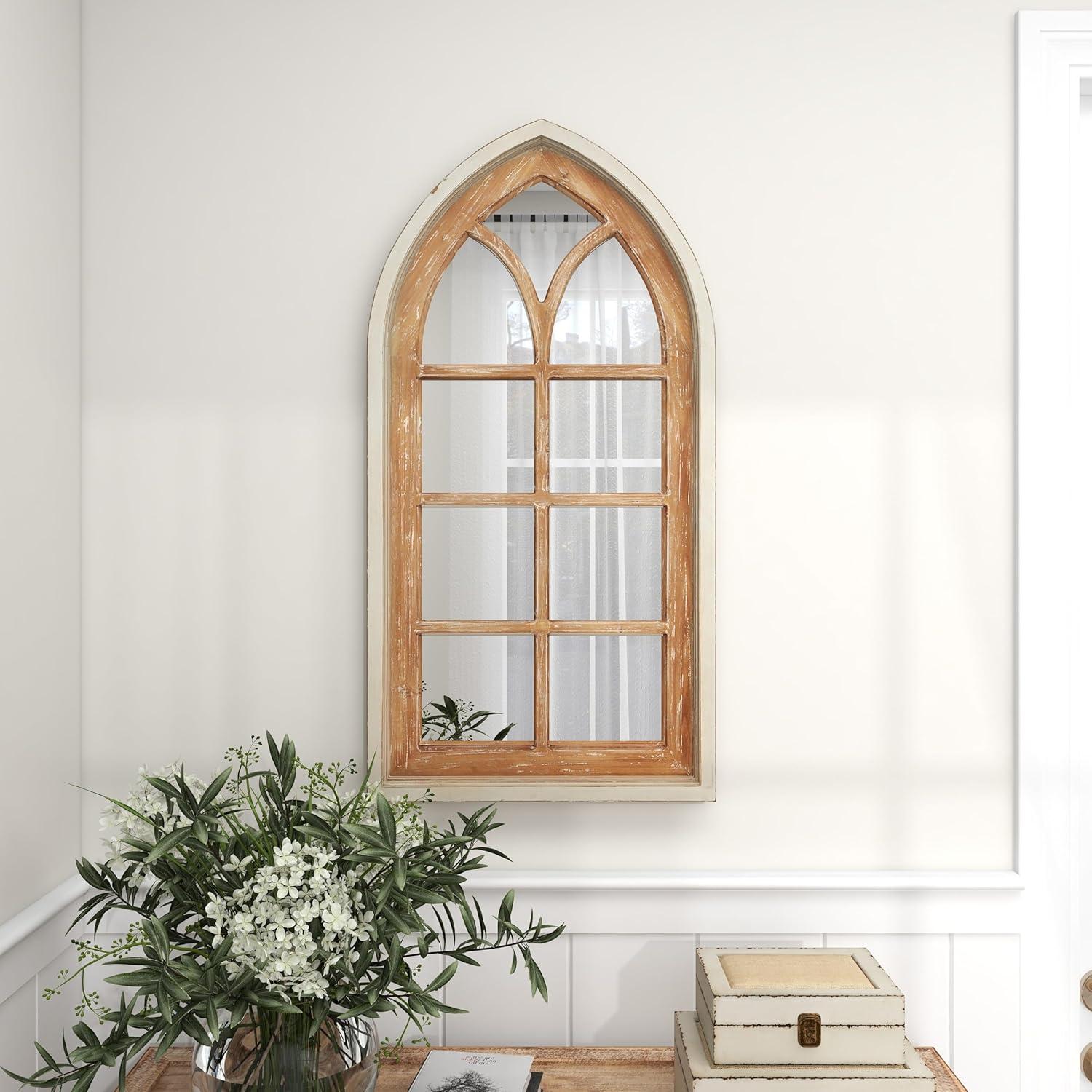 DecMode 26" x 35" Brown Arched Distressed Window Pane Wall Mirror