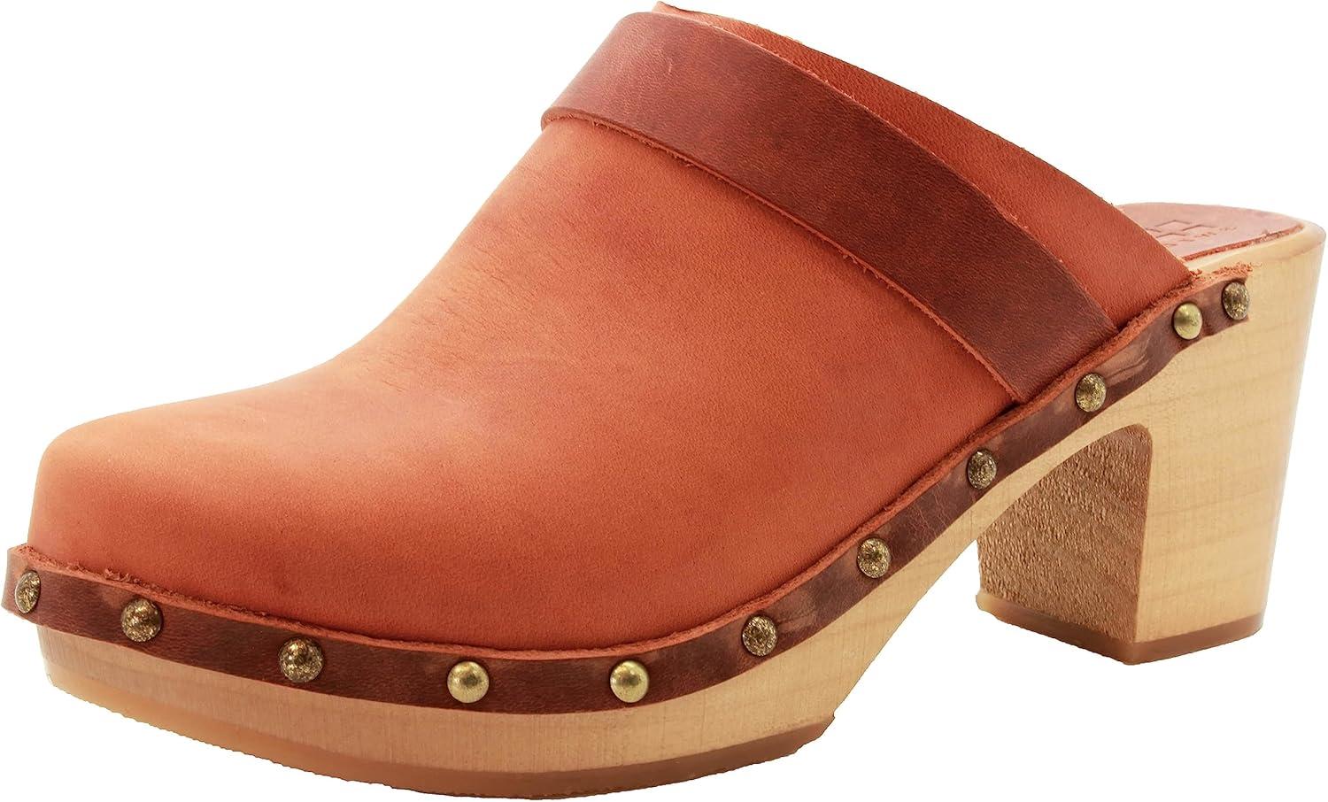 Terracotta Genuine Leather Mid-Heel Clogs with Wood Outsole