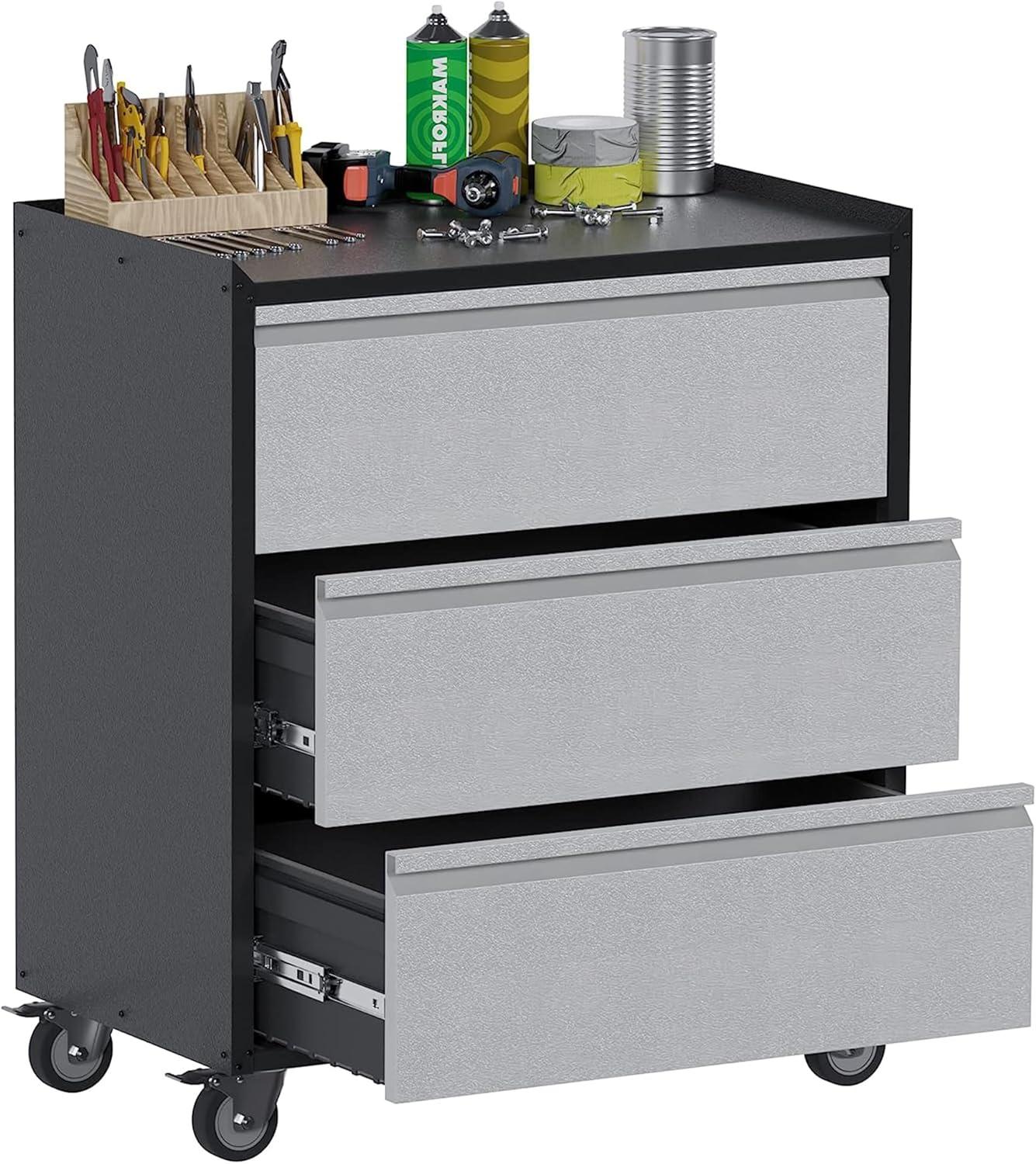 AOBABO Steel Wheeled Lockable Tool Box Supply Cabinet Organizer with Adjustable Storage Shelves for Homes, Offices, and Garages, Black