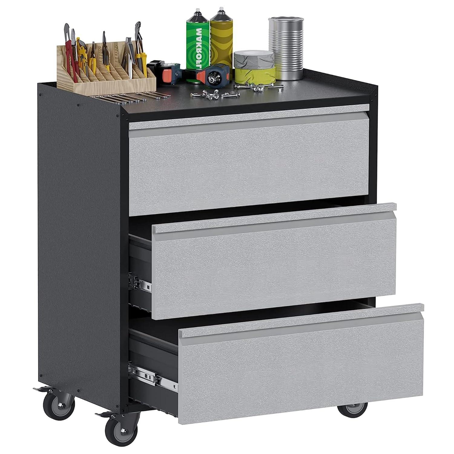 AOBABO Steel Wheeled Lockable Tool Box Supply Cabinet Organizer with Adjustable Storage Shelves for Homes, Offices, and Garages, Black
