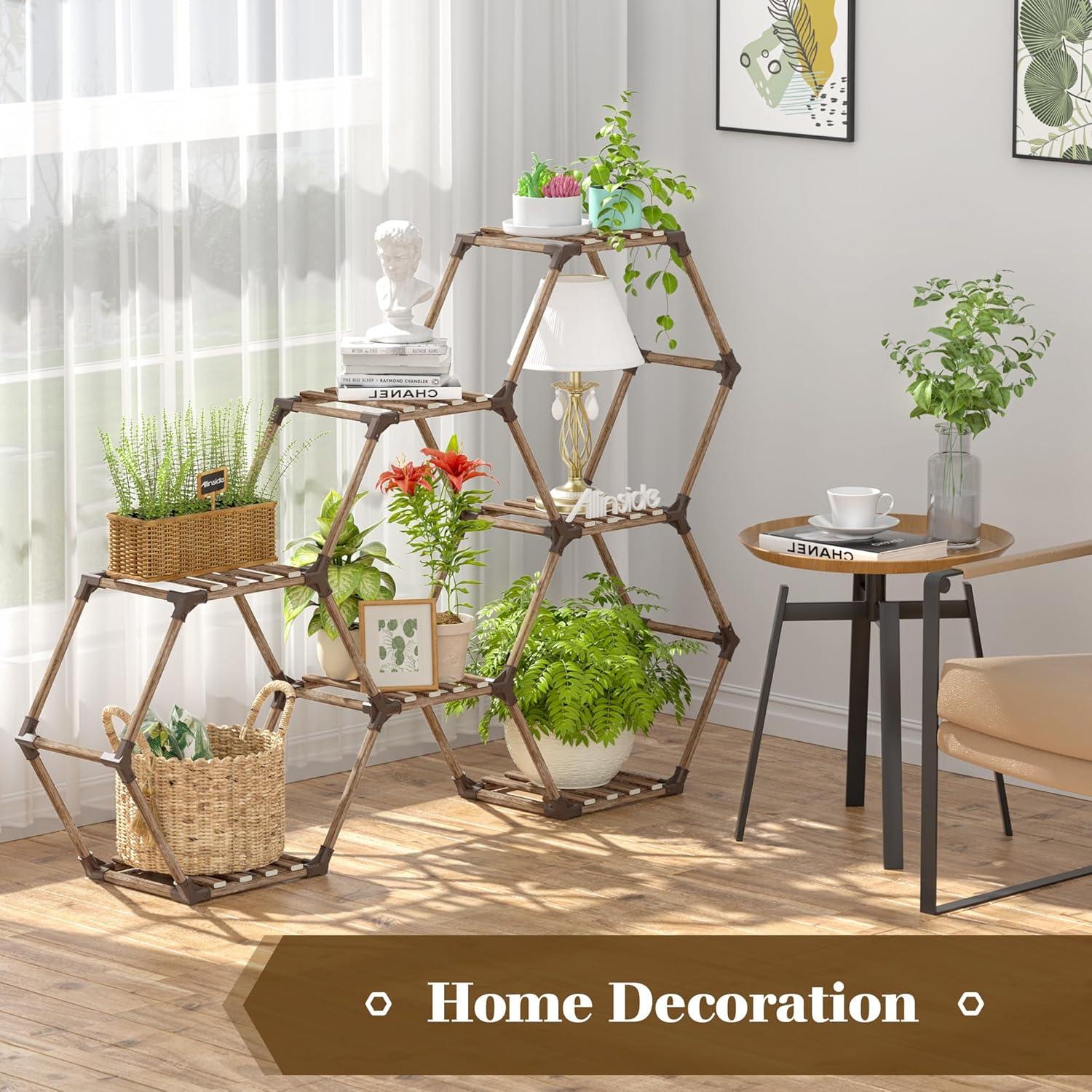 Hexagonal 7-Tier Brown Wooden Plant Stand for Indoor and Outdoor Use