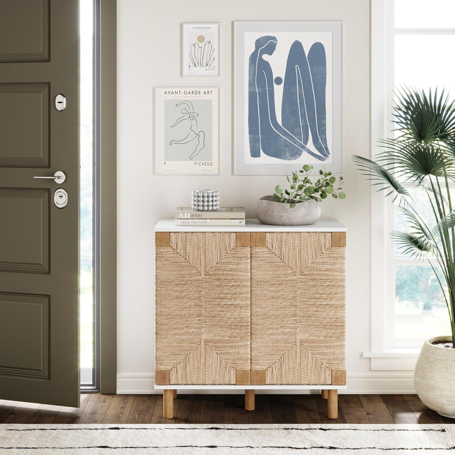 Nathan James Beacon Storage Cabinet Wood and Seagrass White: Veneer Surface, Fixed Shelf, Adult Assembly Required